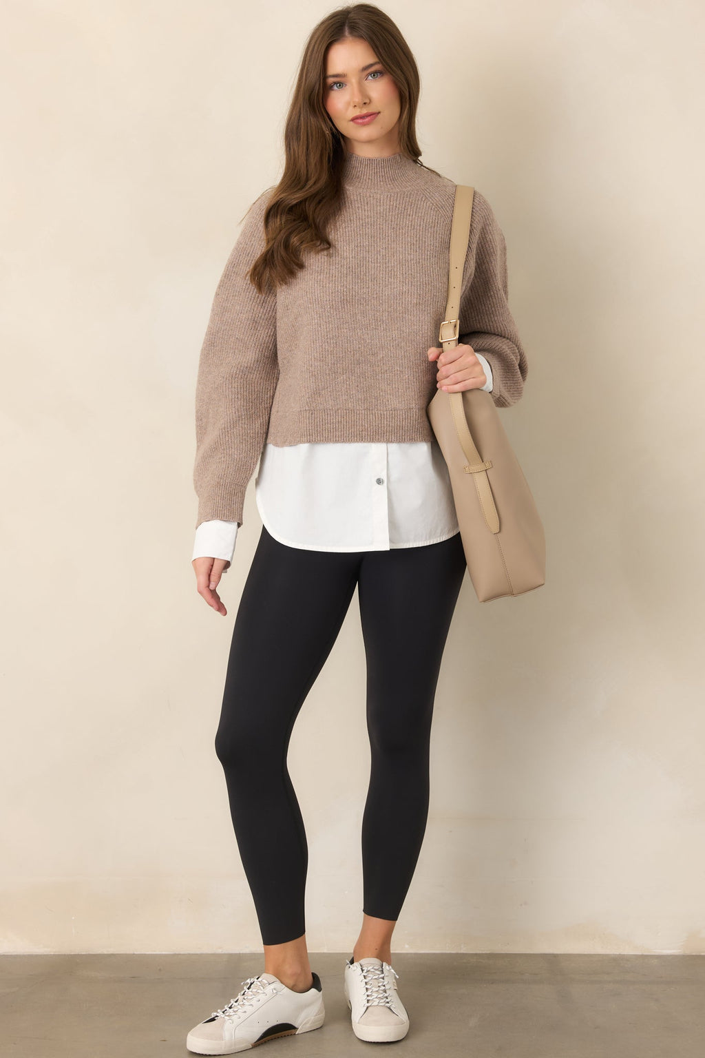 One and Done Taupe Faux Layered Mock Neck Knit Top