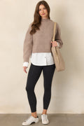 One and Done Taupe Faux Layered Mock Neck Knit Top