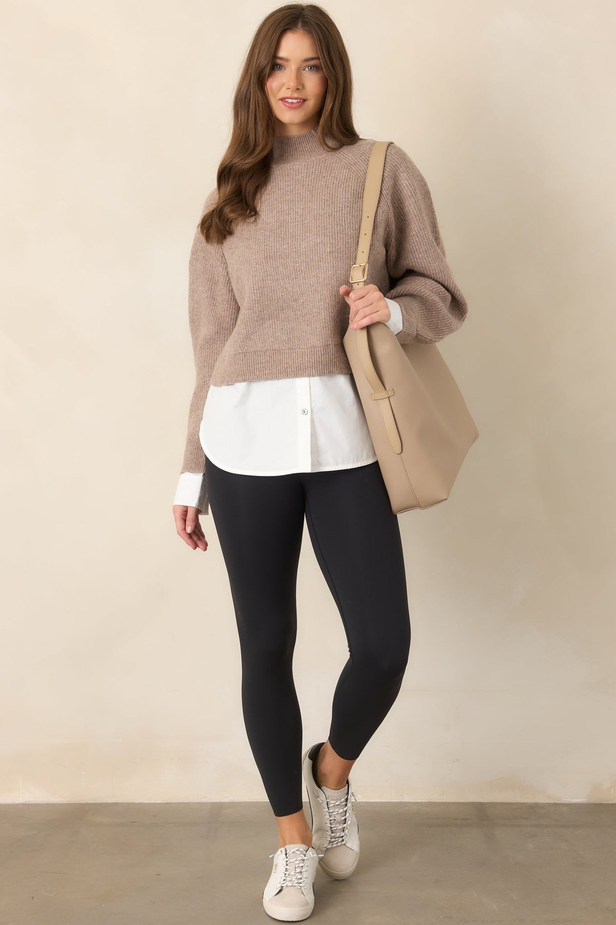 One and Done Taupe Faux Layered Mock Neck Knit Top