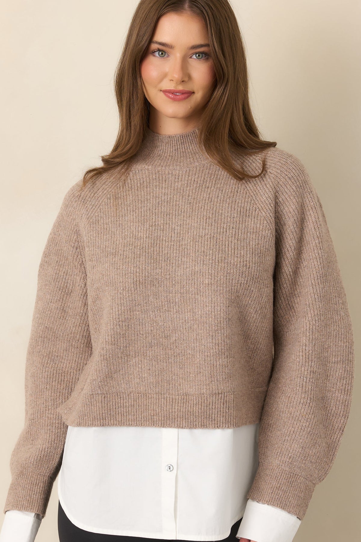 One and Done Taupe Faux Layered Mock Neck Knit Top