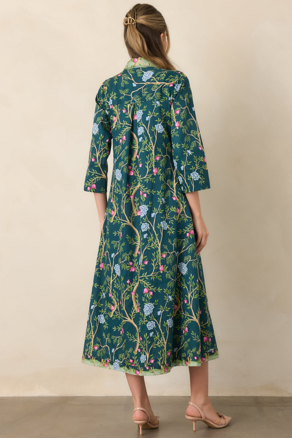 In a Fairytale Teal Multi Floral Cotton Midi Shirt Dress