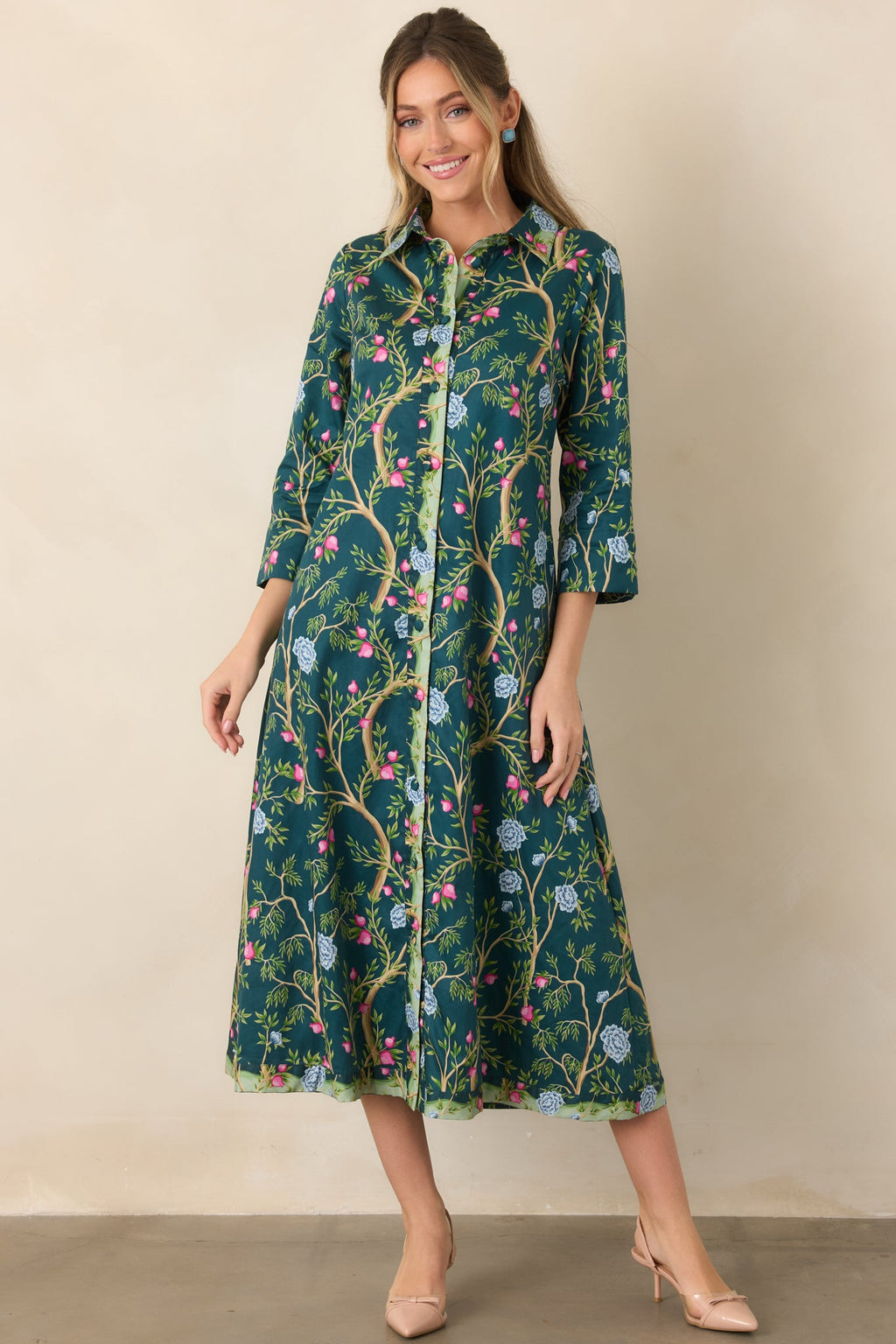In a Fairytale Teal Multi Floral Cotton Midi Shirt Dress
