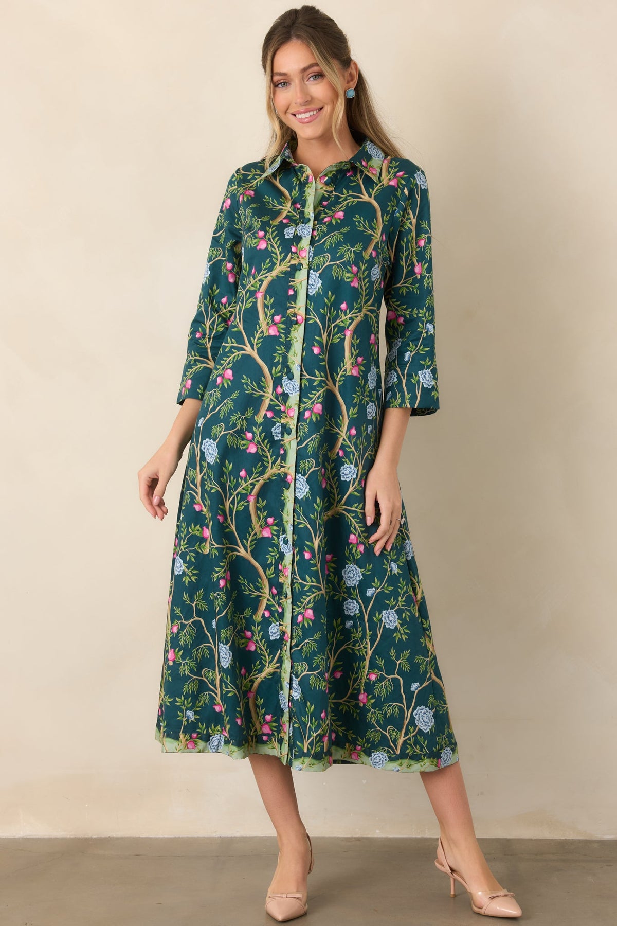 In a Fairytale Teal Multi Floral Cotton Midi Shirt Dress