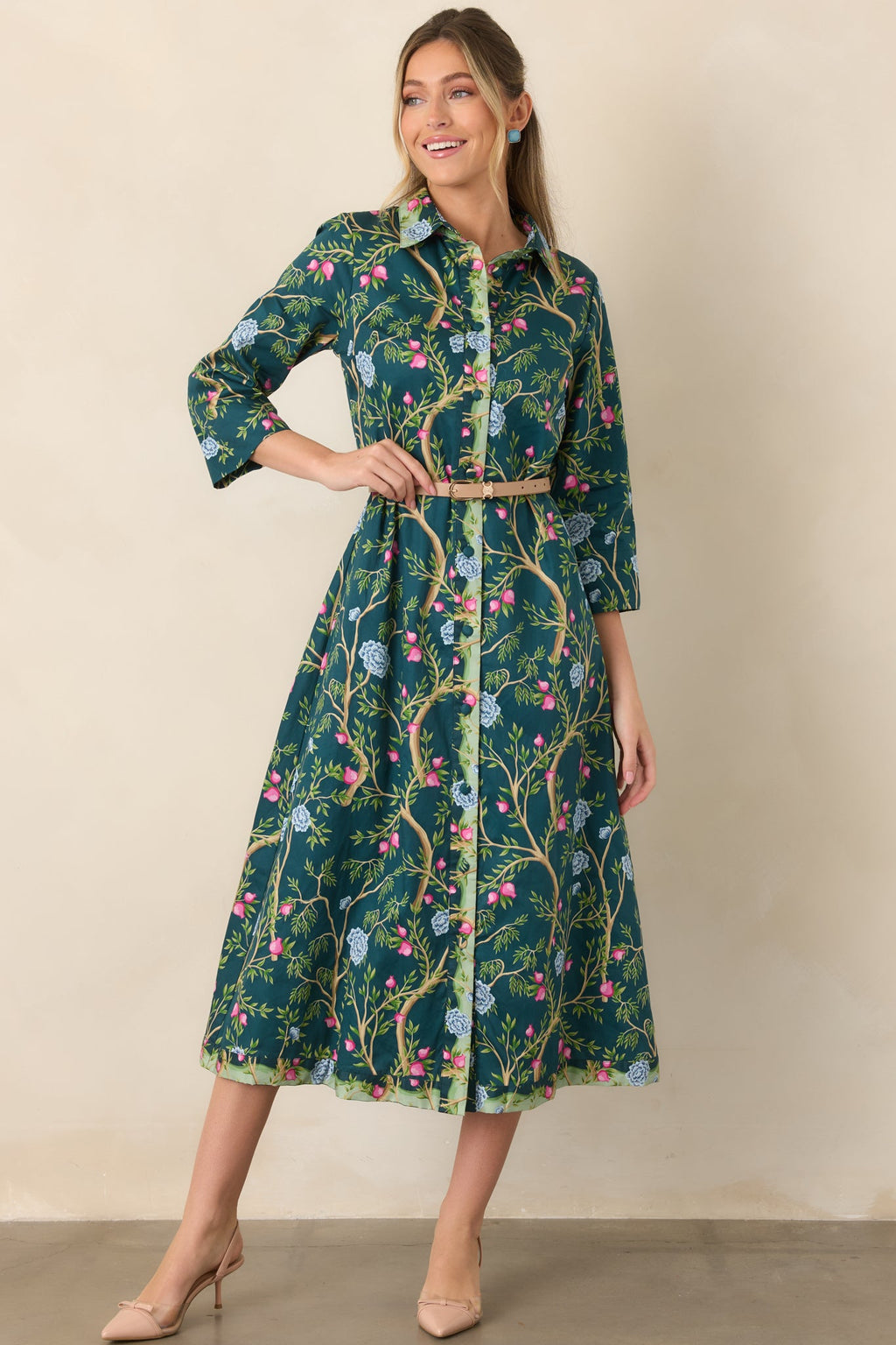 In a Fairytale Teal Multi Floral Cotton Midi Shirt Dress