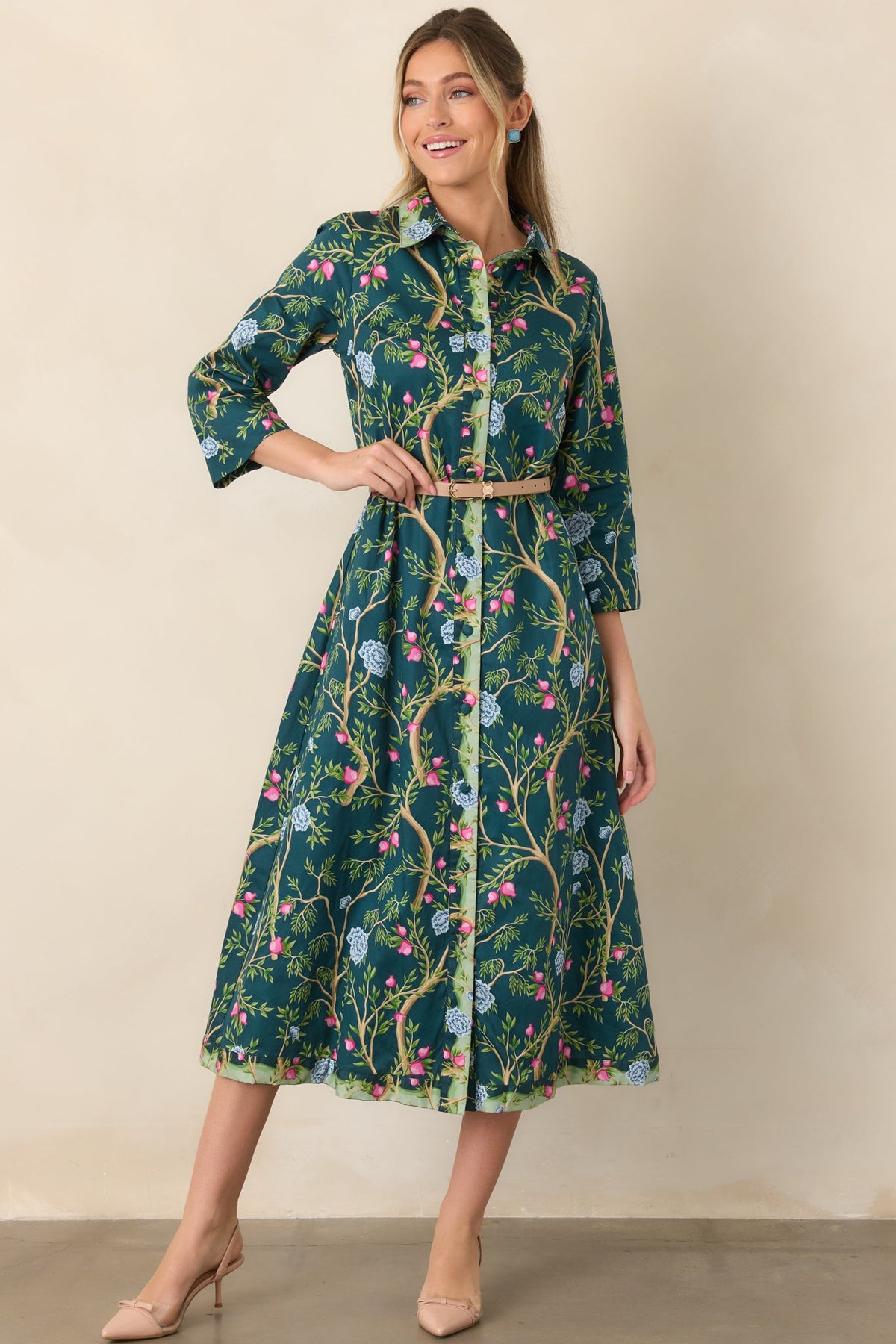In a Fairytale Teal Multi Floral Cotton Midi Shirt Dress