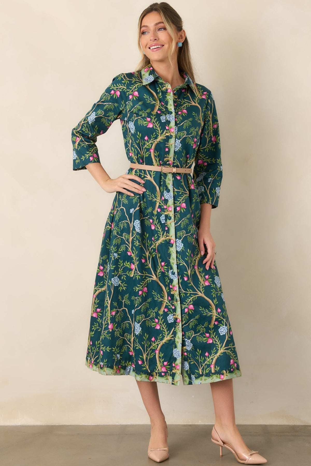 In a Fairytale Teal Multi Floral Cotton Midi Shirt Dress