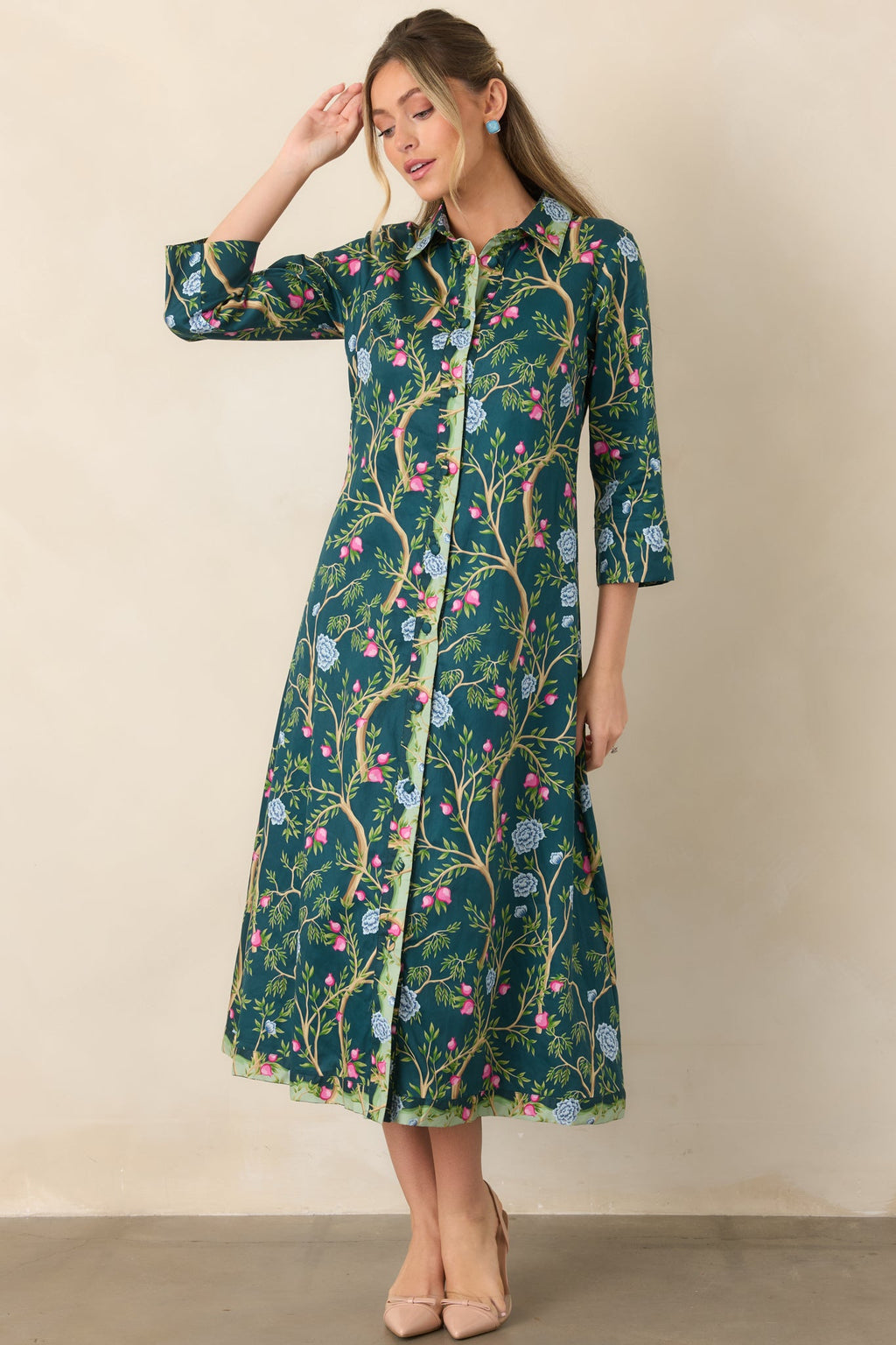 In a Fairytale Teal Multi Floral Cotton Midi Shirt Dress