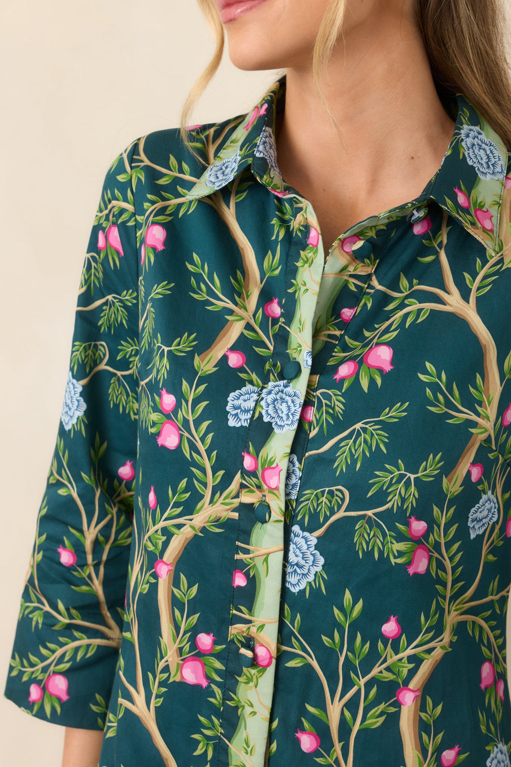 In a Fairytale Teal Multi Floral Cotton Midi Shirt Dress
