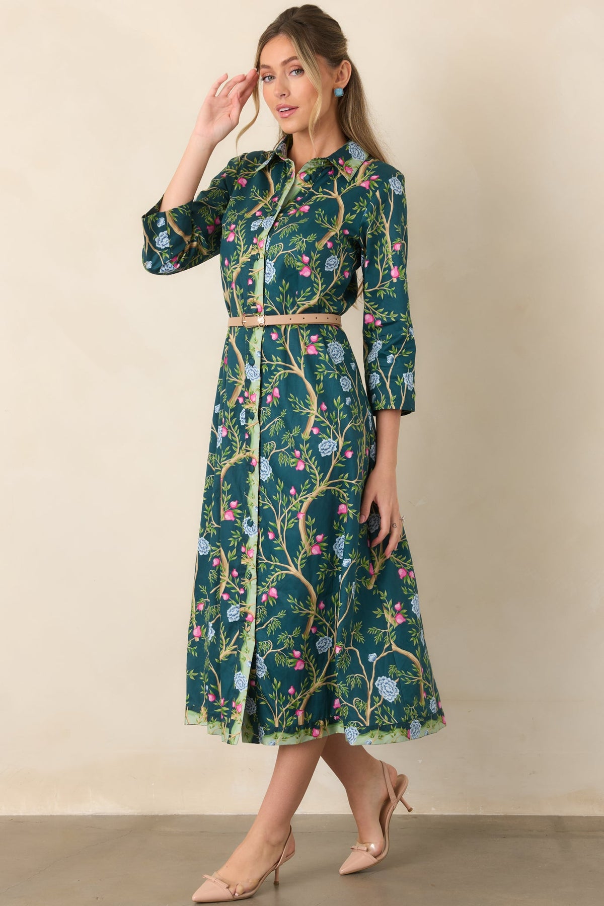 In a Fairytale Teal Multi Floral Cotton Midi Shirt Dress