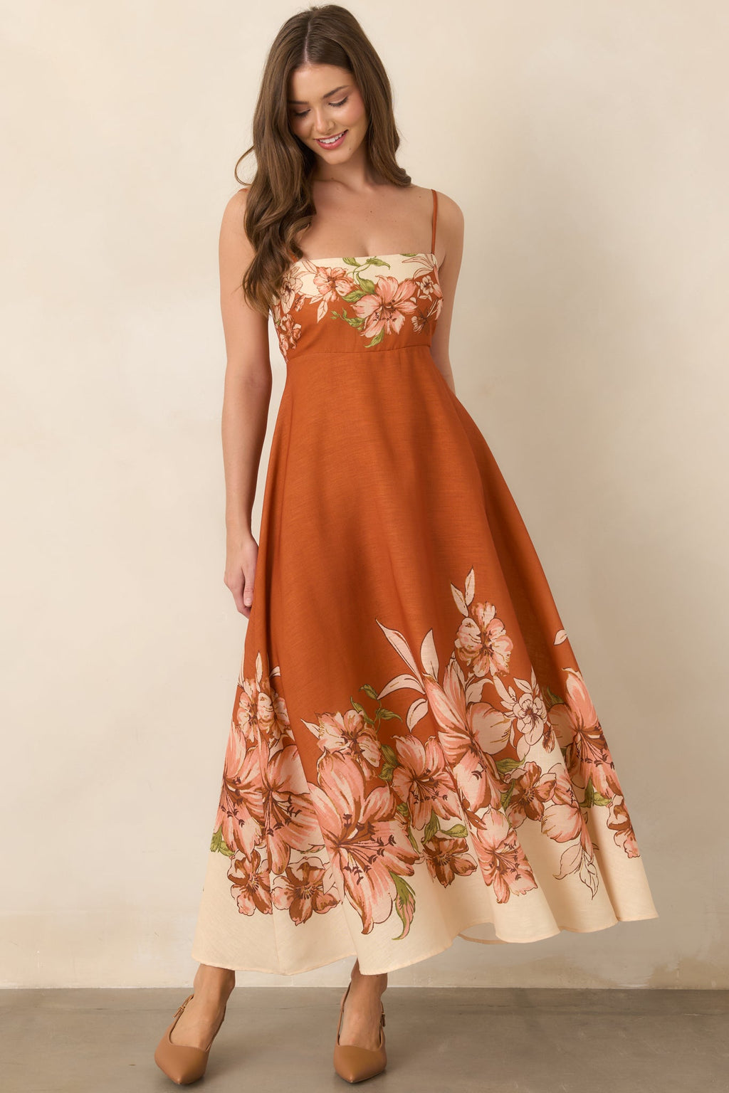 Warmest Wishes Terracotta & Ivory Floral Border Print Maxi Dress
