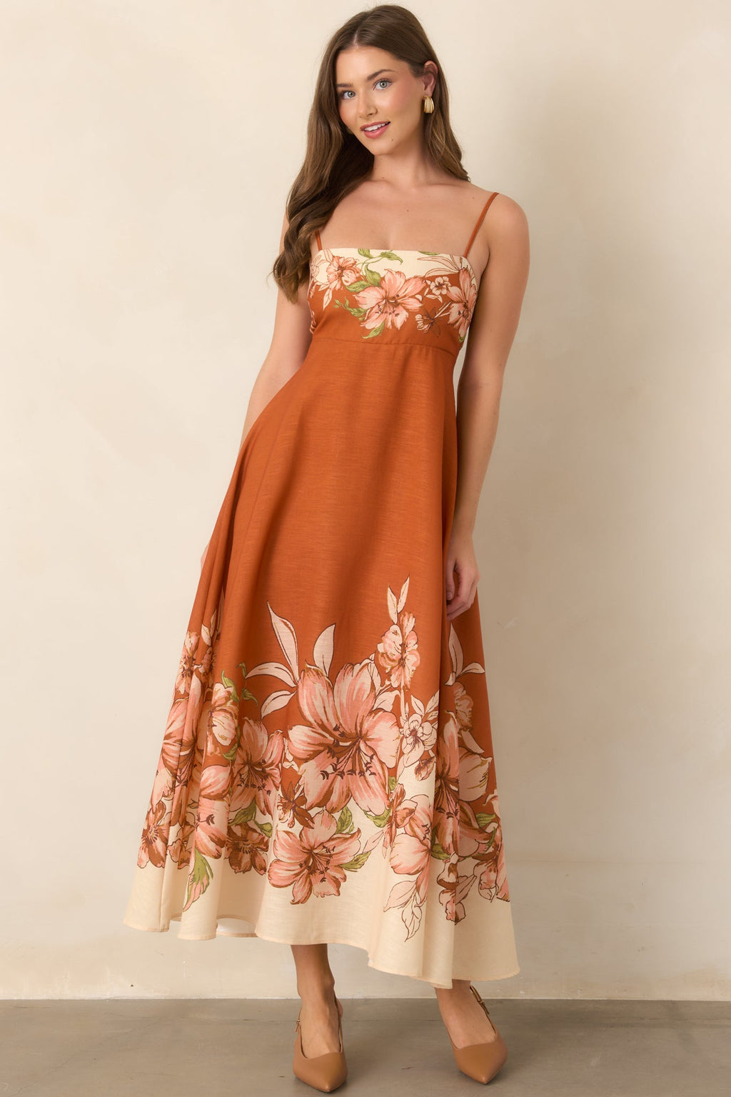 Warmest Wishes Terracotta & Ivory Floral Border Print Maxi Dress