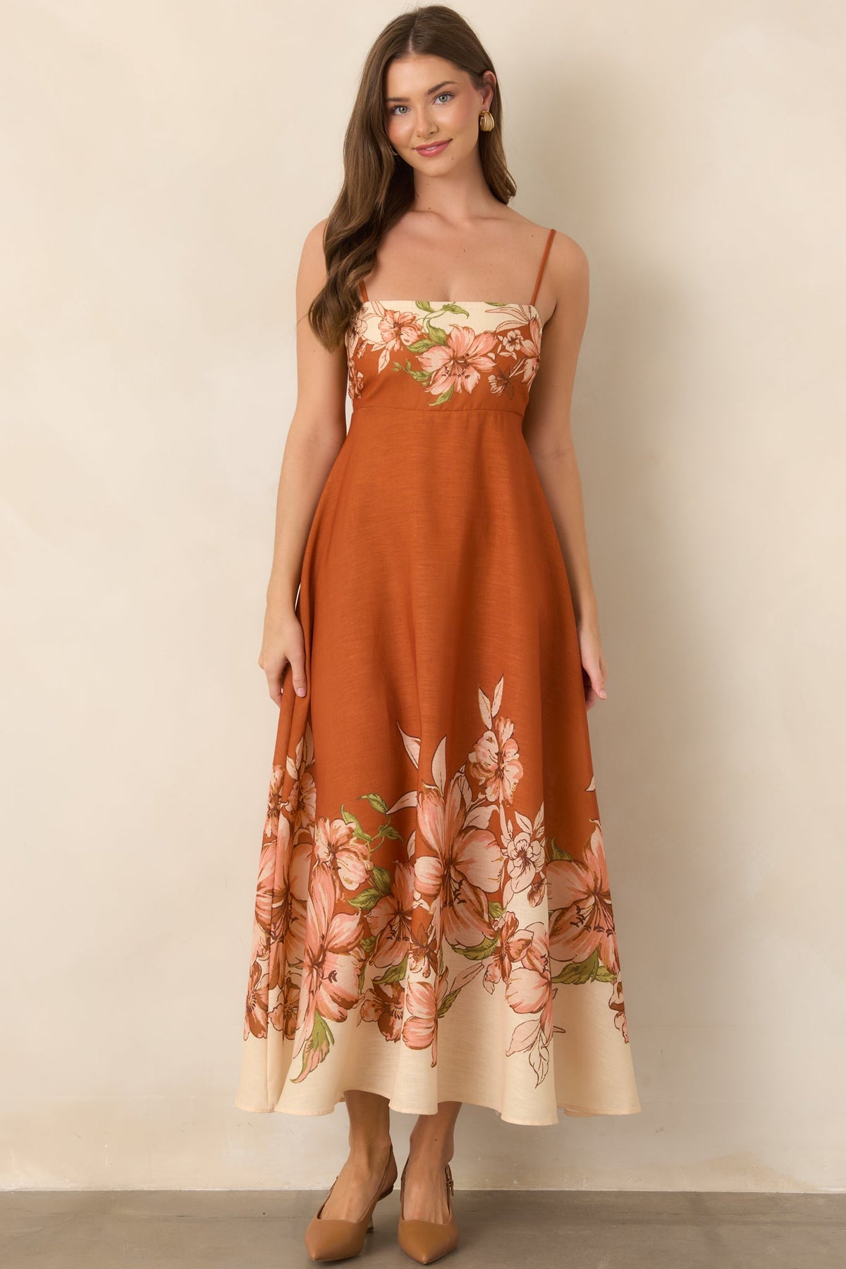 Warmest Wishes Terracotta & Ivory Floral Border Print Maxi Dress
