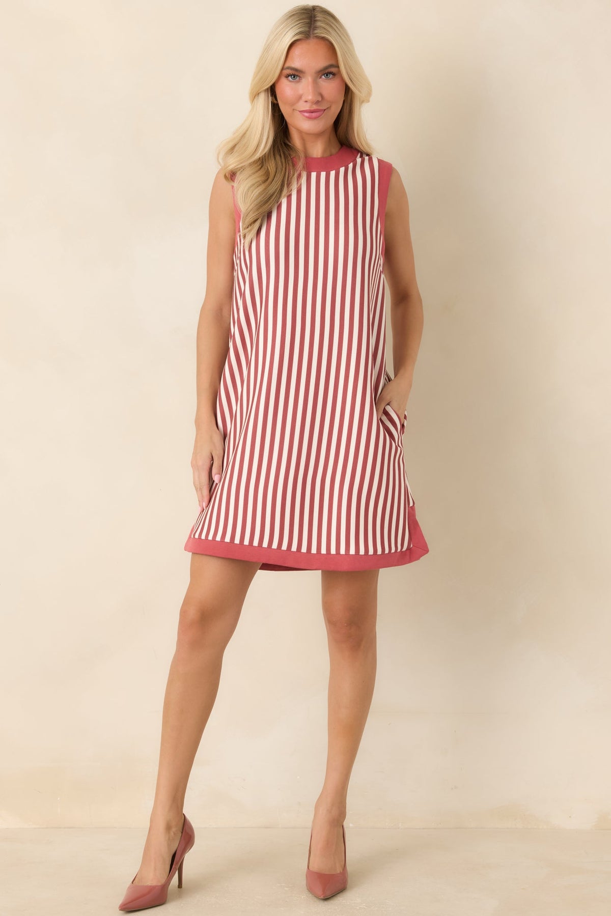 On the Roster Terracotta & Ivory Striped Shift Mini Dress