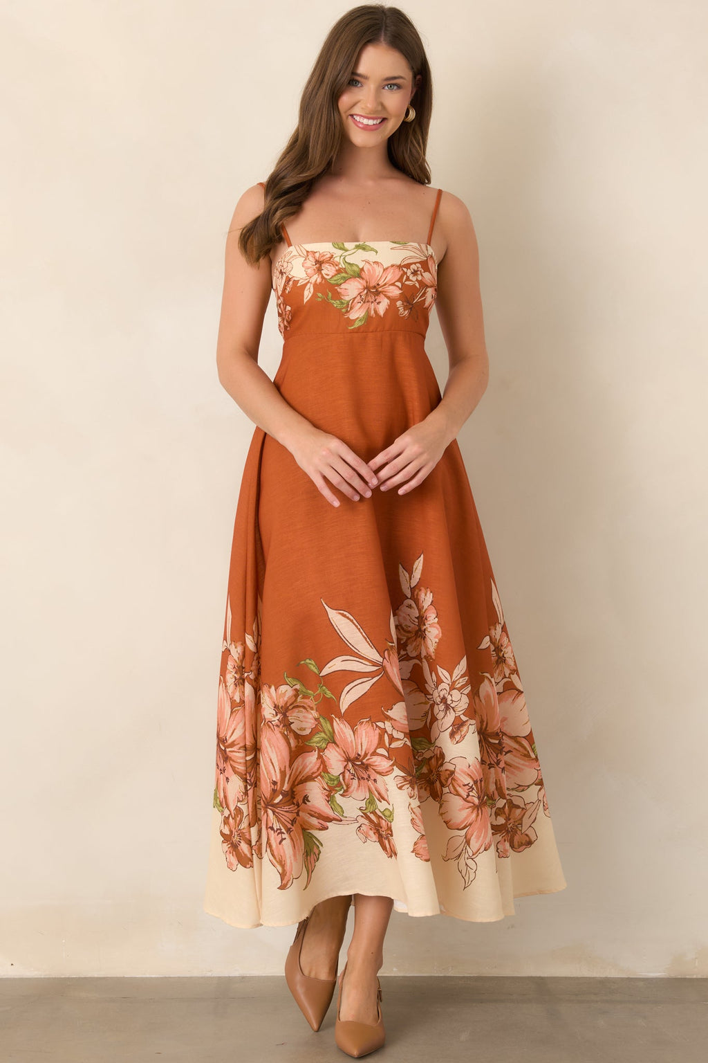 Warmest Wishes Terracotta & Ivory Floral Border Print Maxi Dress