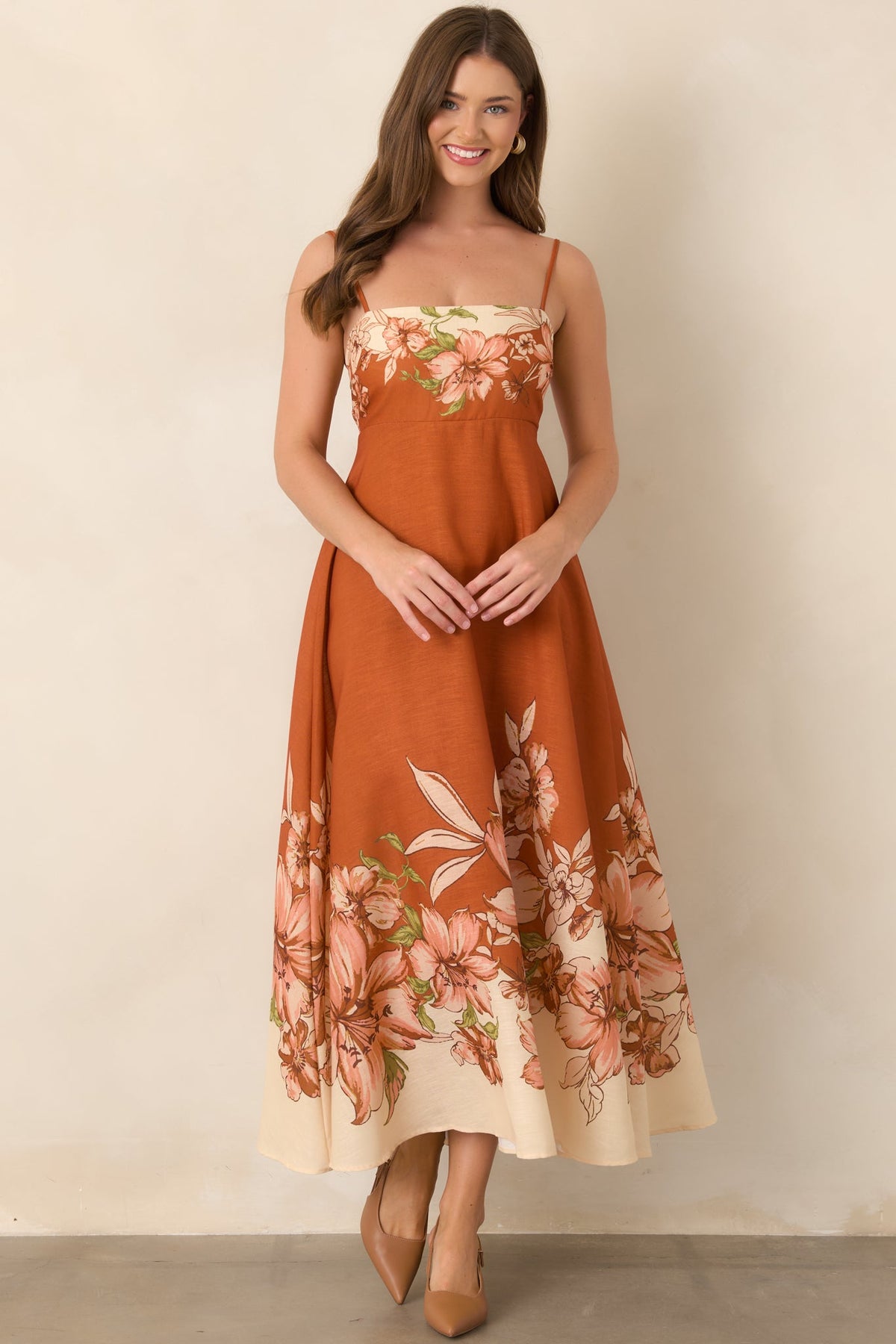 Warmest Wishes Terracotta & Ivory Floral Border Print Maxi Dress