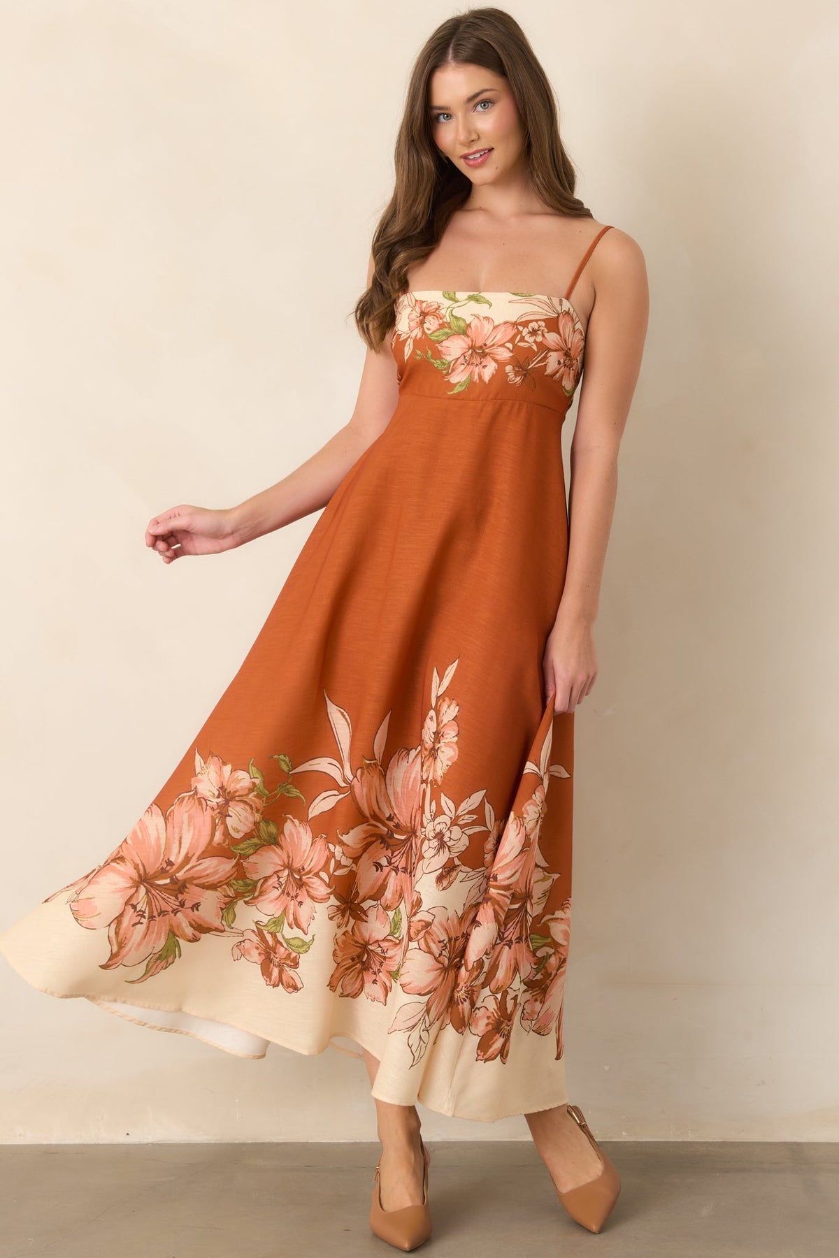 Warmest Wishes Terracotta & Ivory Floral Border Print Maxi Dress
