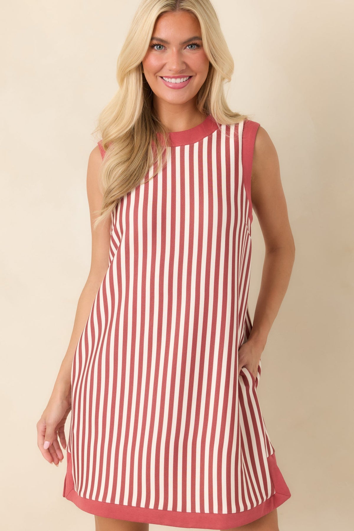 On the Roster Terracotta & Ivory Striped Shift Mini Dress