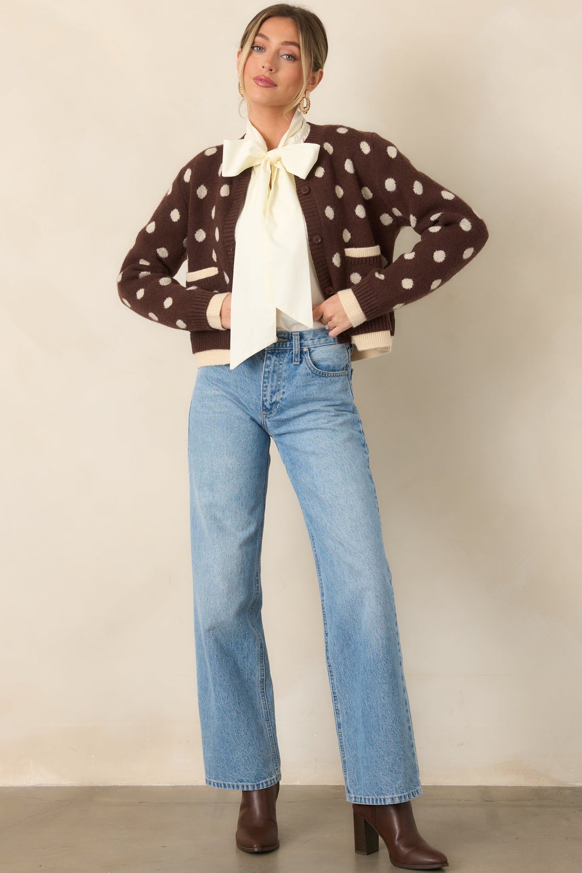 Put On the Spot Brown & Ivory Polka Dot Cardigan
