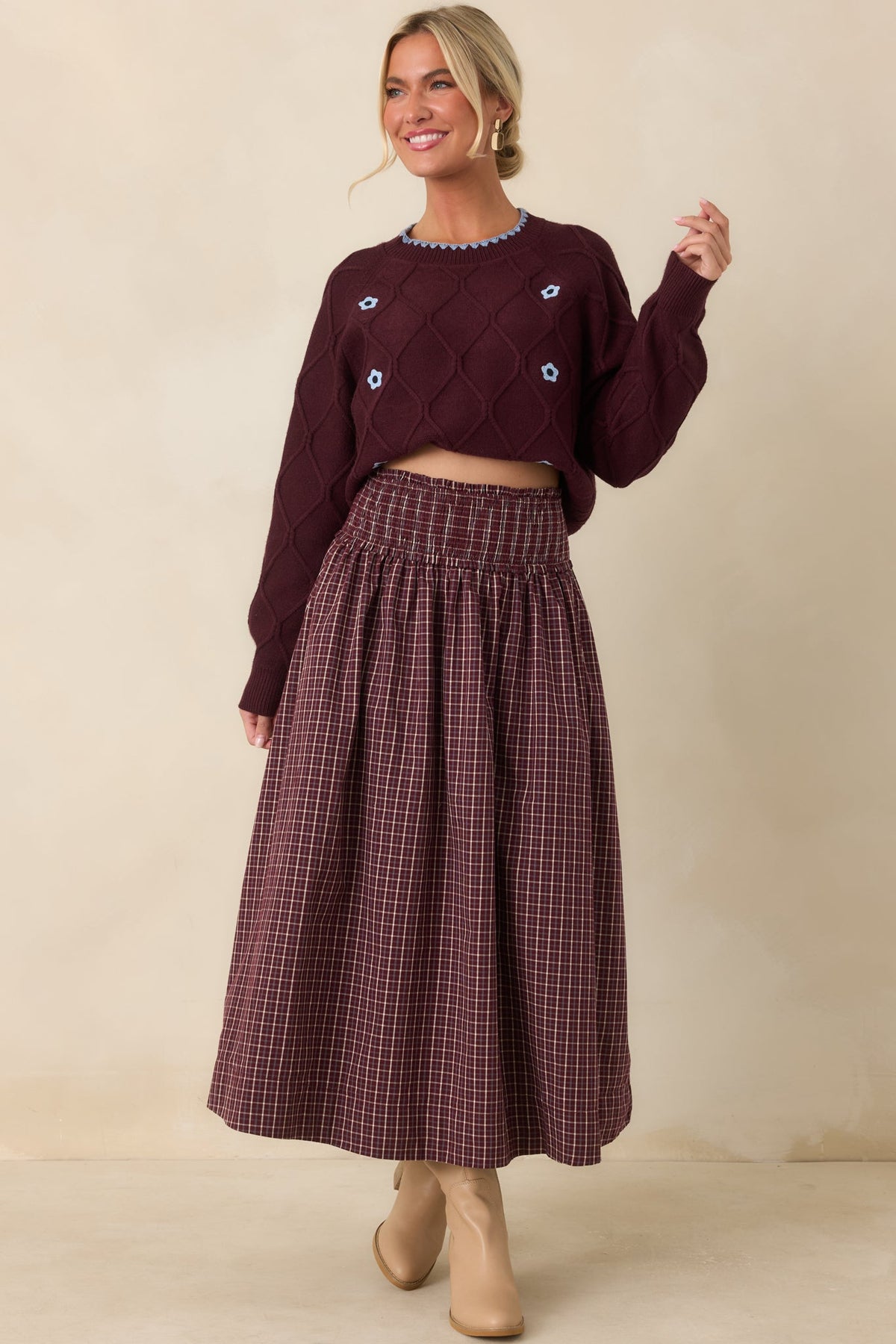 In Blooming Detail Burgundy Floral Textured Sweater