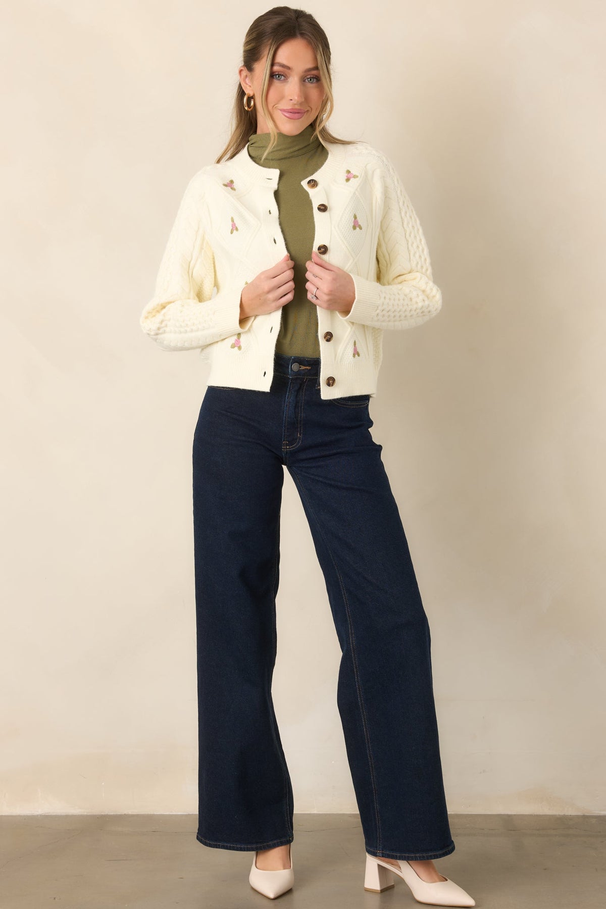 Rose to the Occasion Ivory Floral Embroidered Cable Knit Cardigan