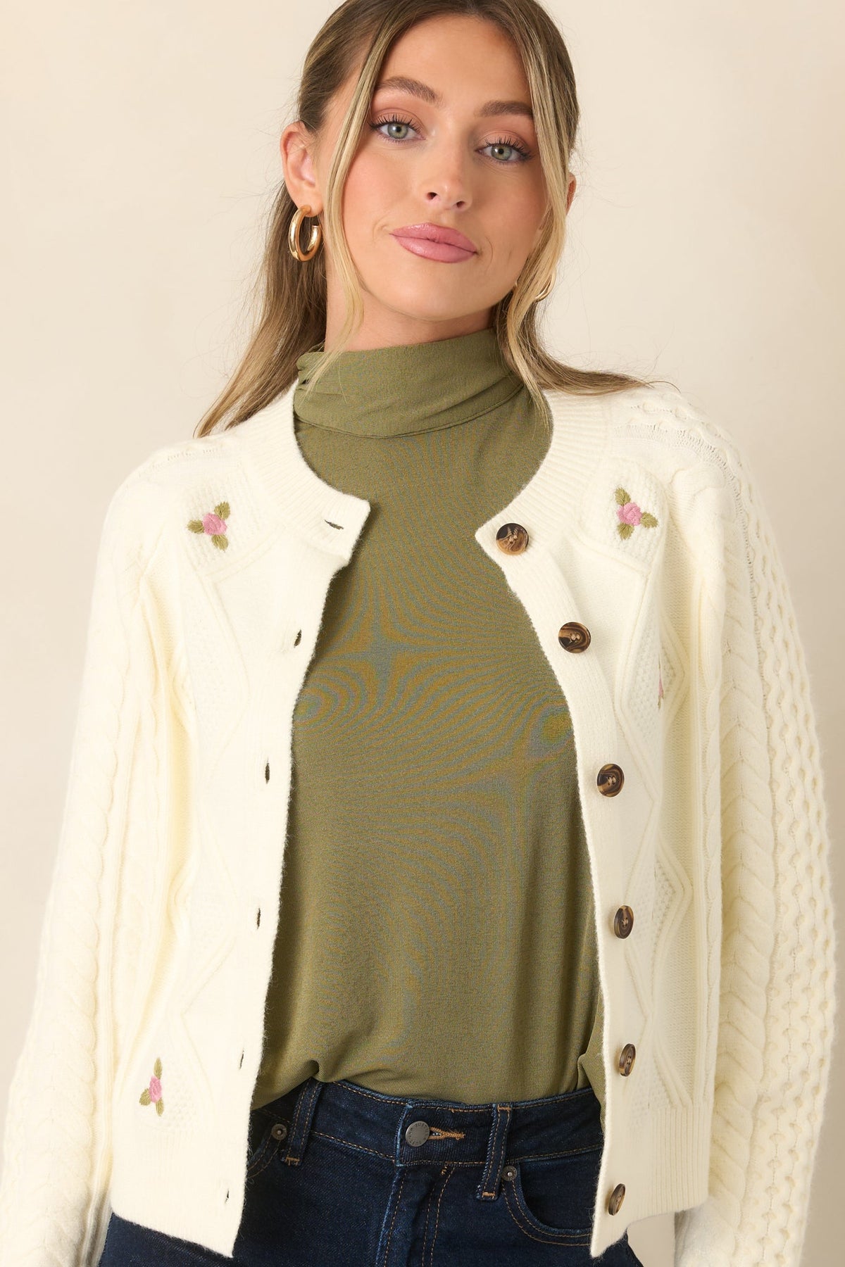 Rose to the Occasion Ivory Floral Embroidered Cable Knit Cardigan
