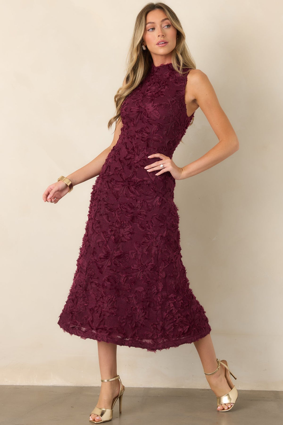 A Night to Remember Wine Red Knit Floral Appliqué Midi Dress