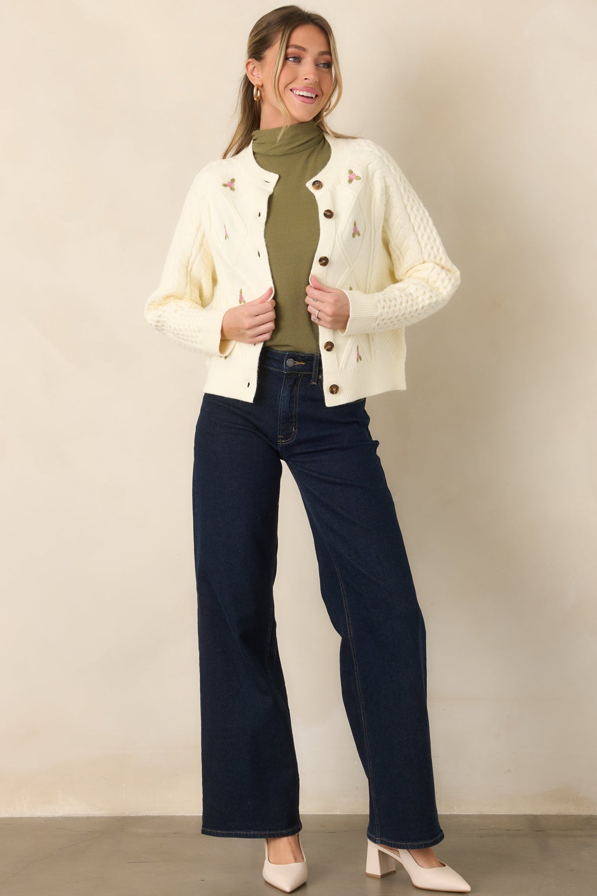 Rose to the Occasion Ivory Floral Embroidered Cable Knit Cardigan