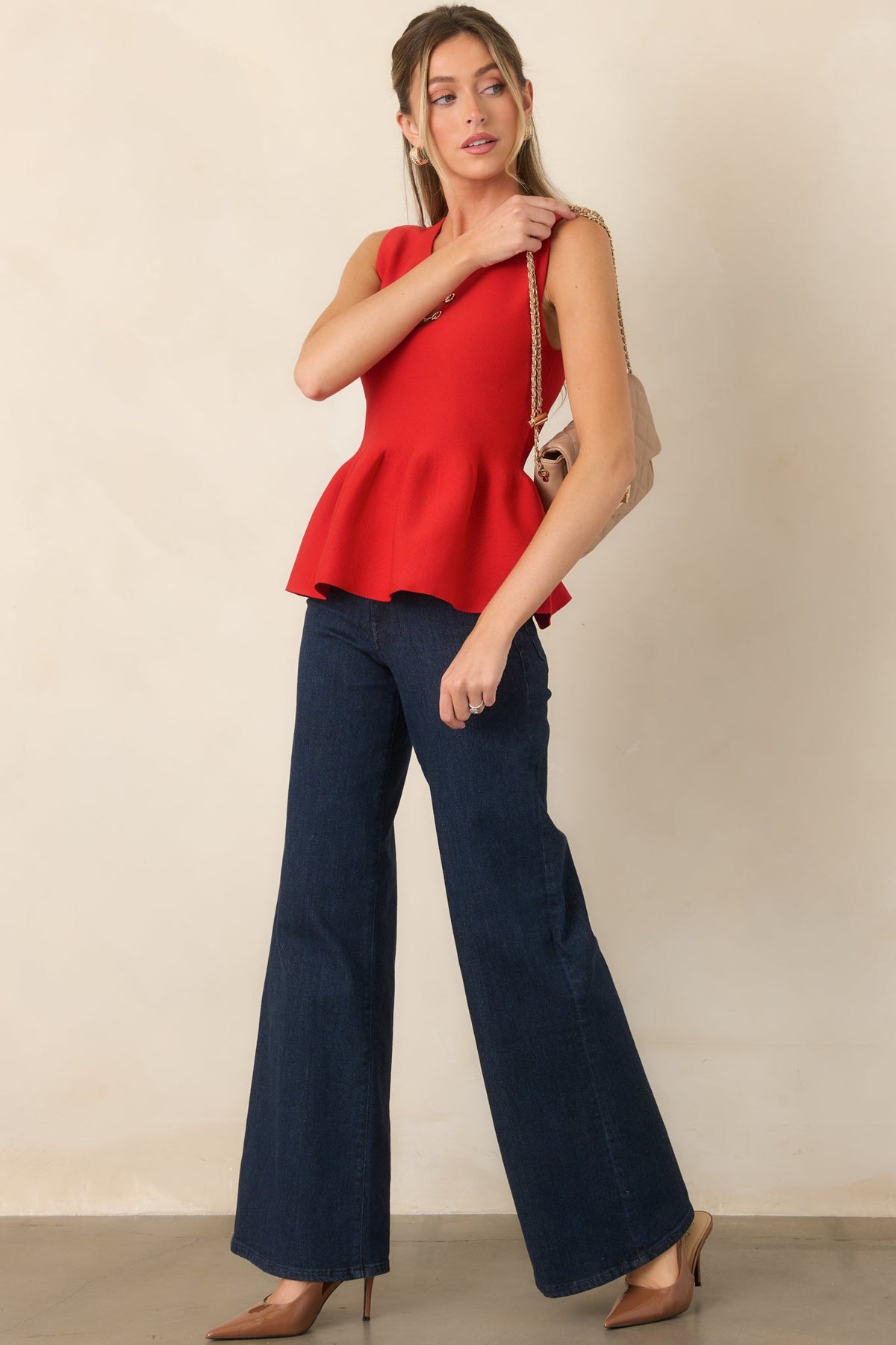 Keep Me Linked In Red Knit Peplum Top