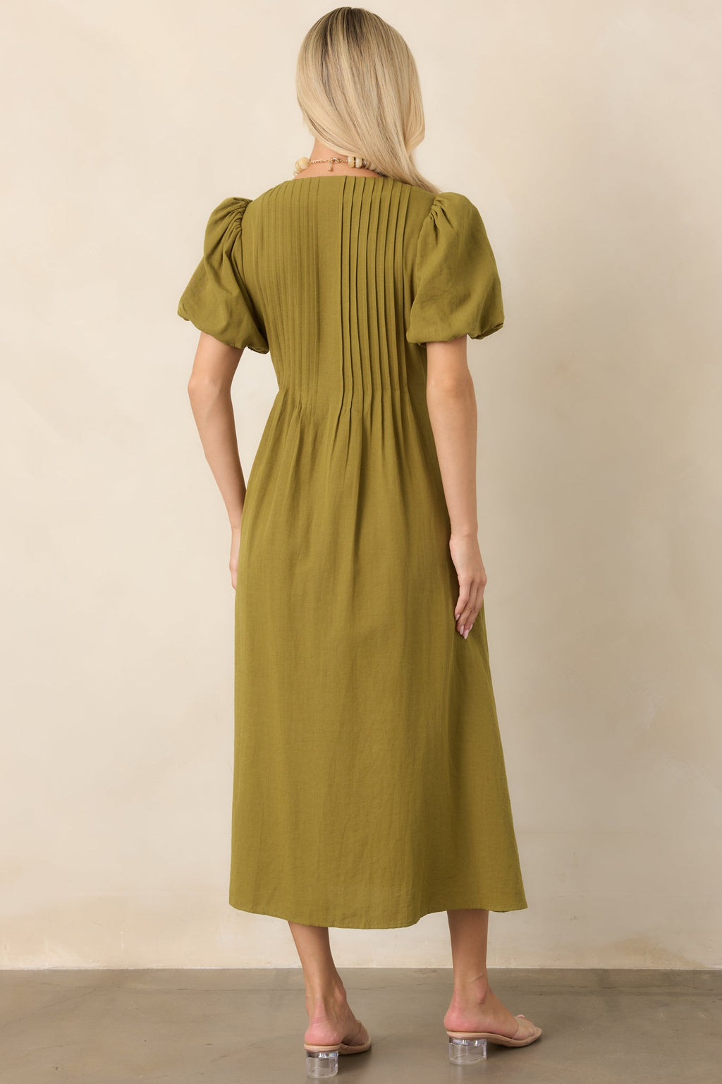 Tucked Away Memories Peridot Green Pintuck Puff Sleeve Midi Dress