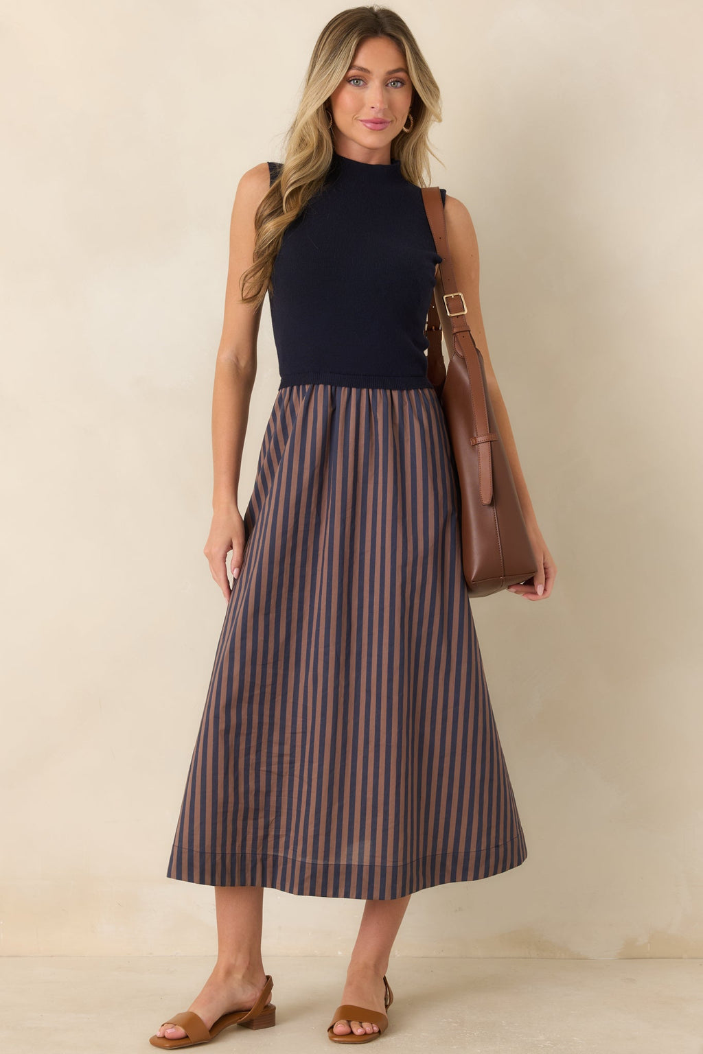 That's More Like It Navy & Tan Stripe Sweater Midi Dress