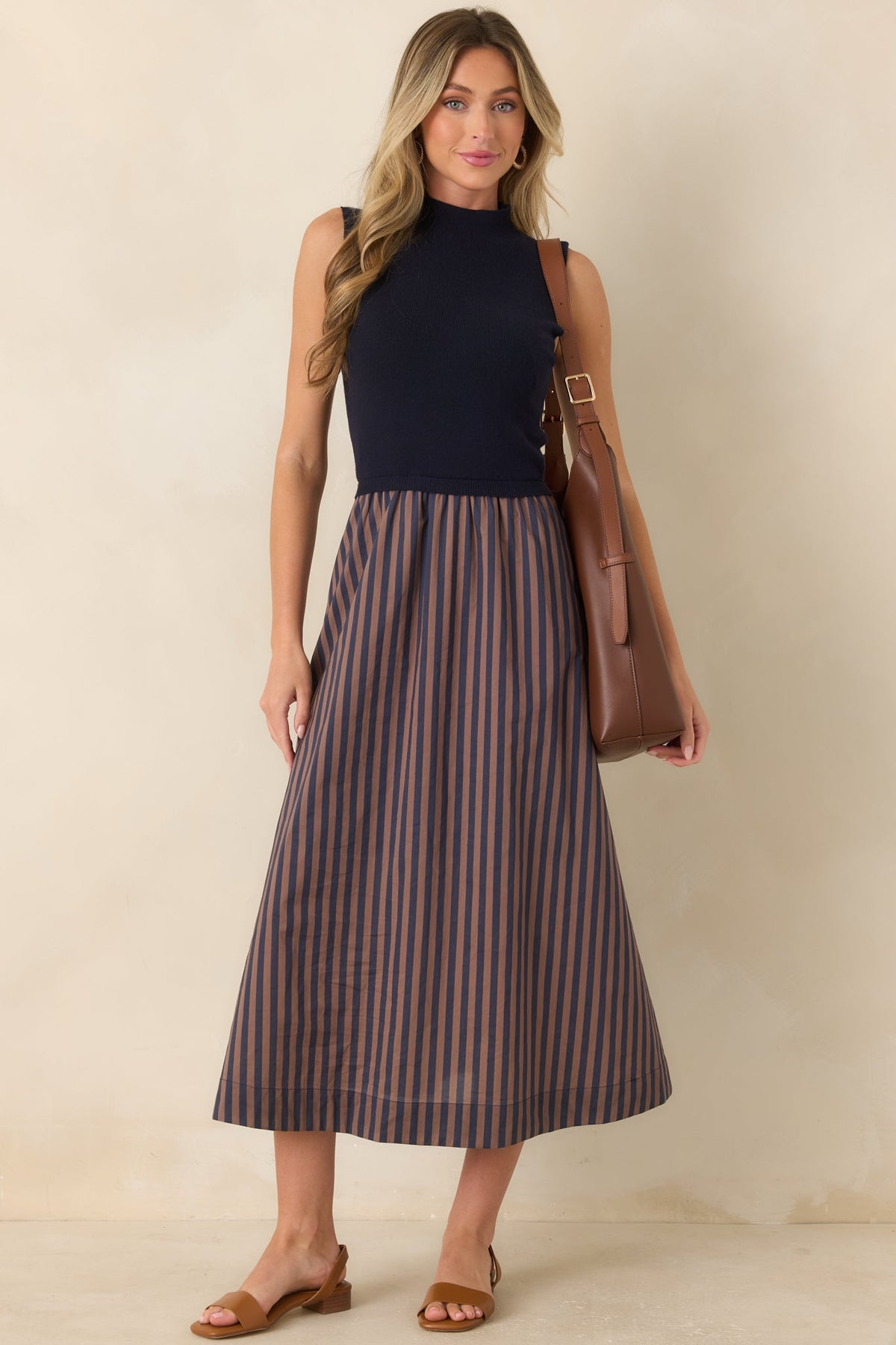 That's More Like It Navy & Tan Stripe Sweater Midi Dress