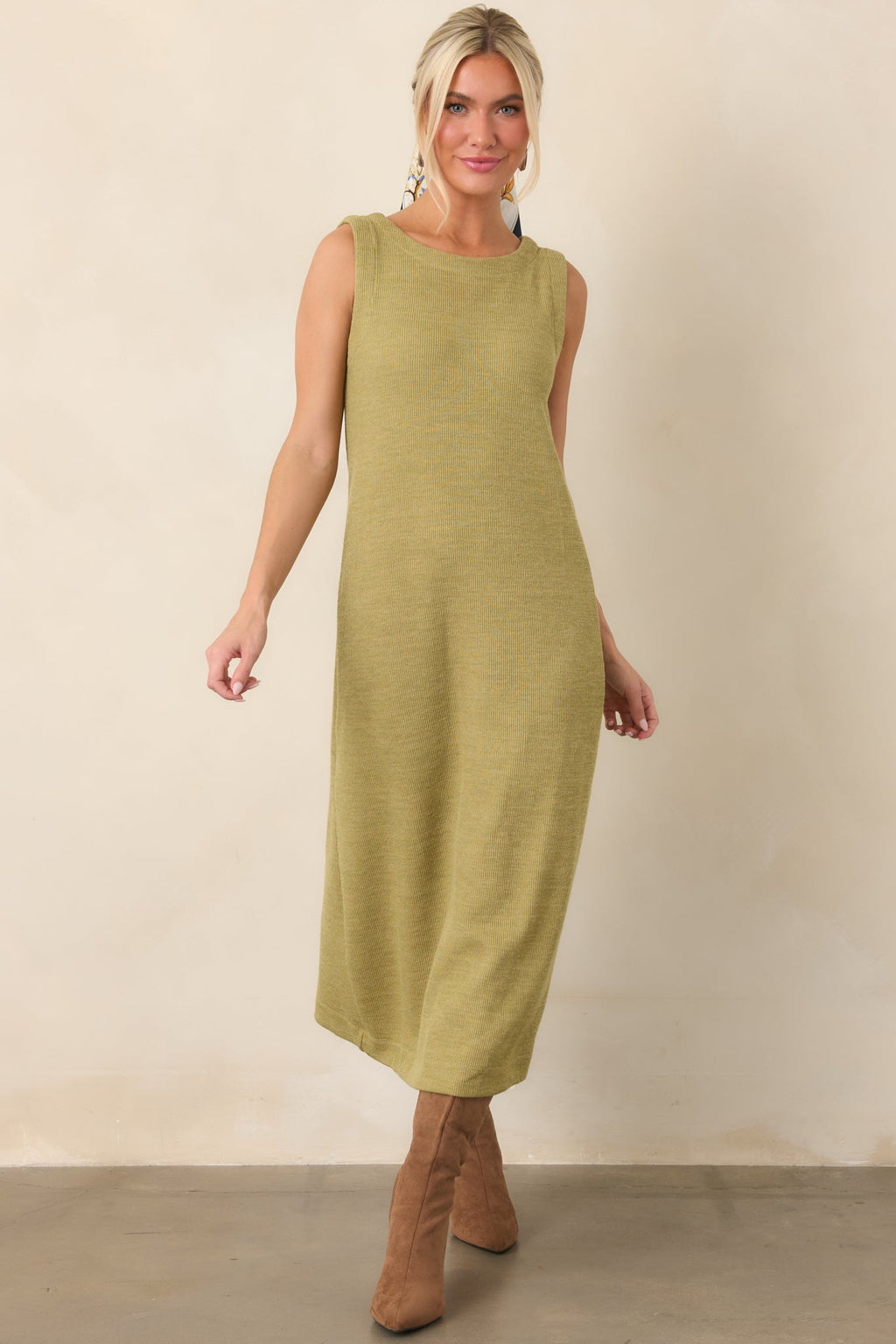 Soft Horizons Olive Green Rib Knit Button Back Midi Dress