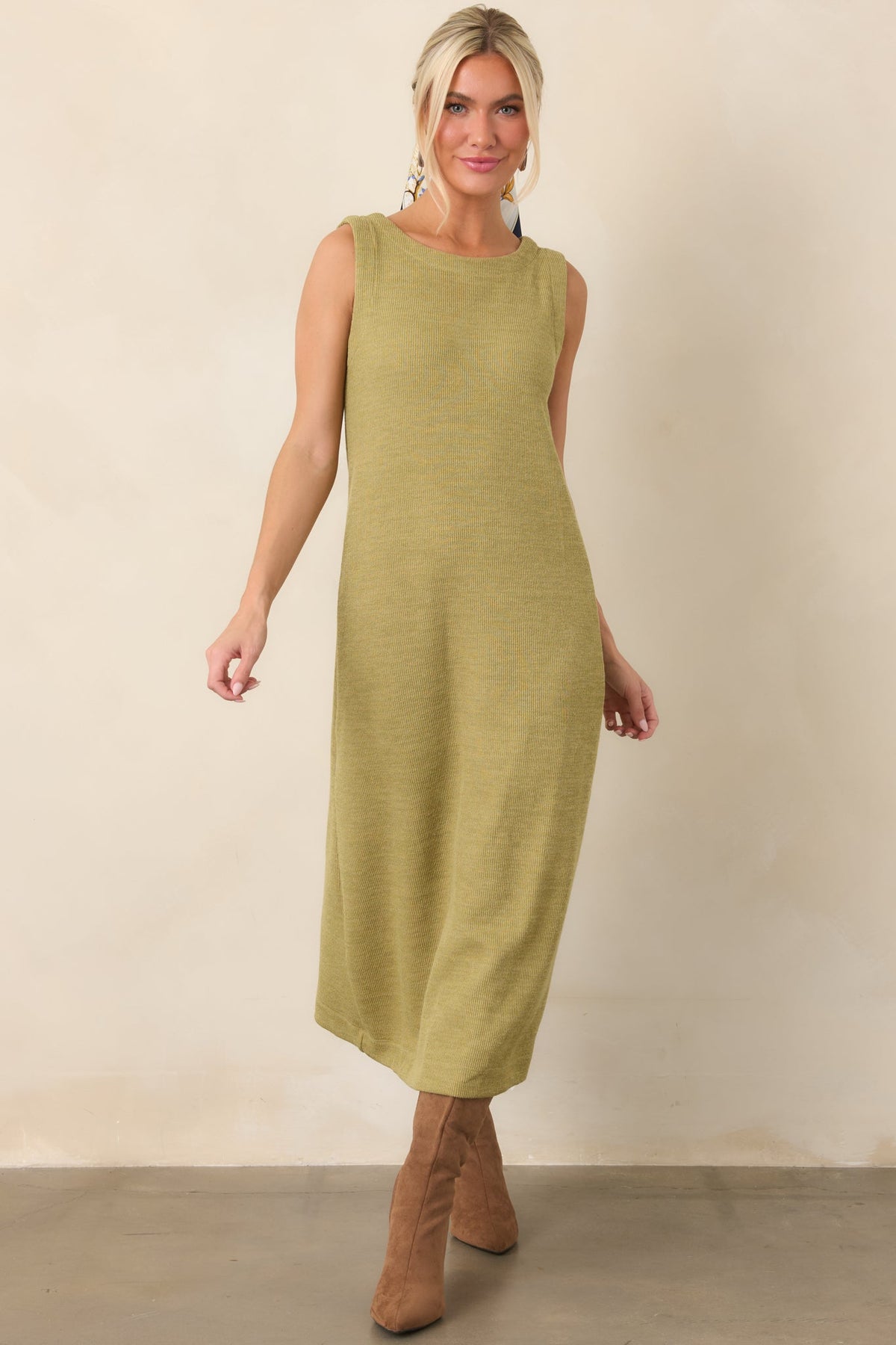Soft Horizons Olive Green Rib Knit Button Back Midi Dress