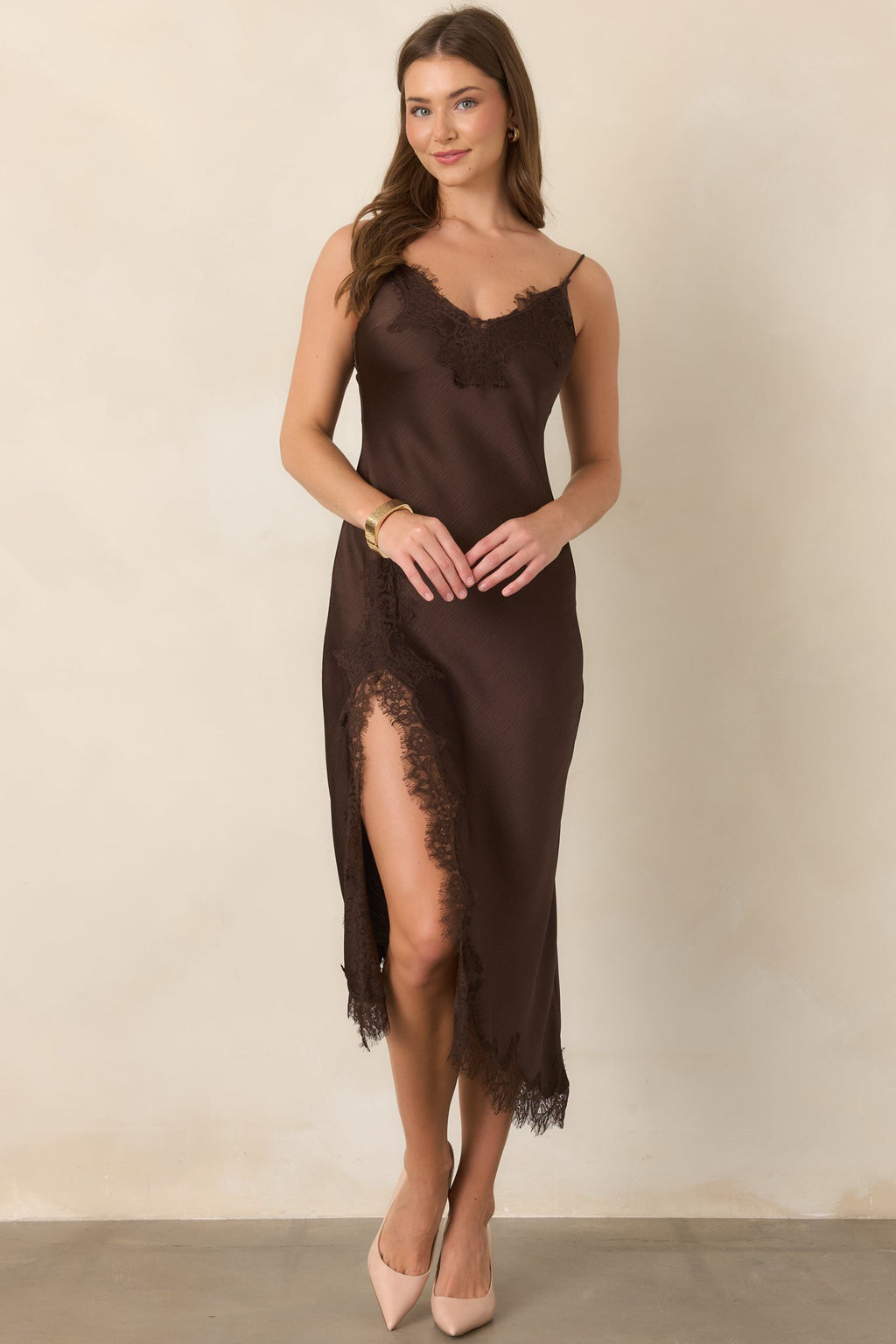 Just Like in the Movies Chocolate Satin Lace Slip Midi Dress