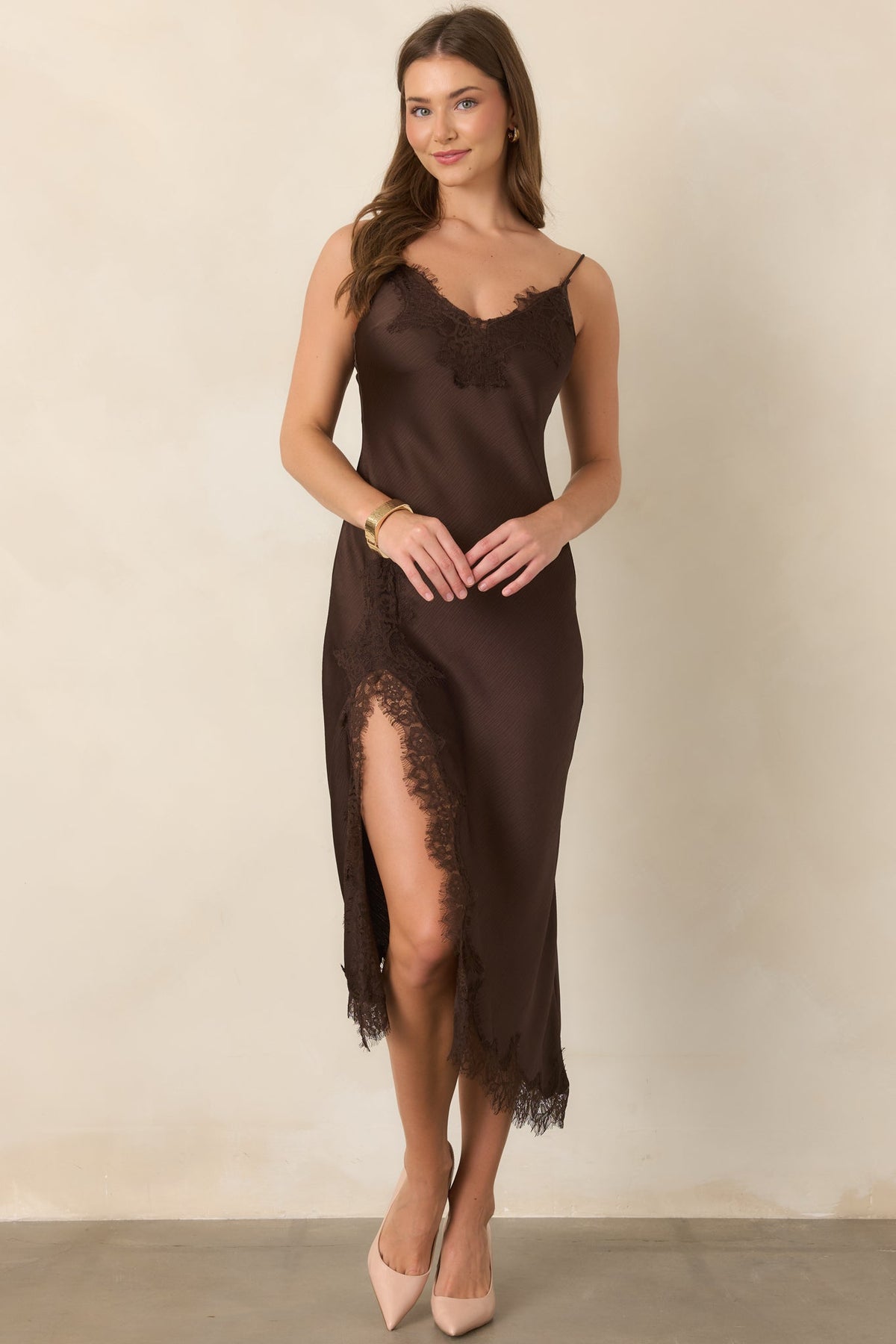 Just Like in the Movies Chocolate Satin Lace Slip Midi Dress