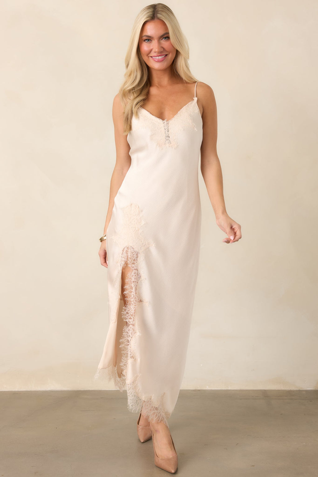 Just Like in the Movies Ivory Satin Lace Slip Midi Dress
