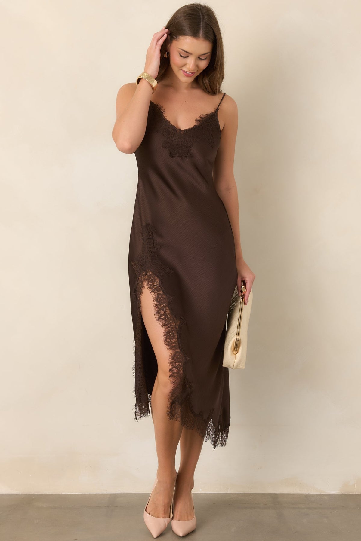 Just Like in the Movies Chocolate Satin Lace Slip Midi Dress