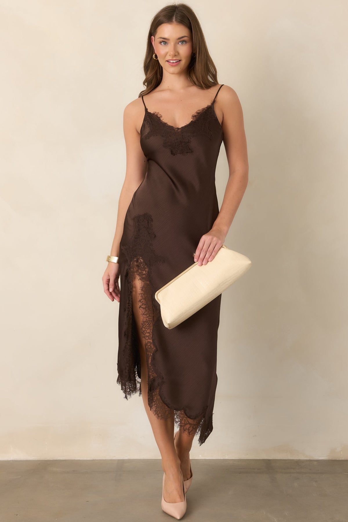 Just Like in the Movies Chocolate Satin Lace Slip Midi Dress