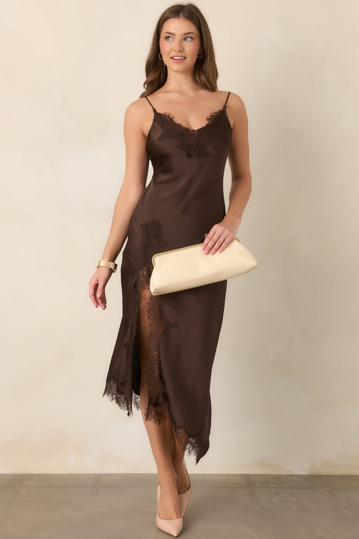 Just Like in the Movies Chocolate Satin Lace Slip Midi Dress