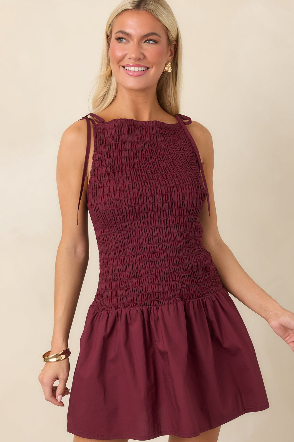 MINKPINK Lola Wine Red Cotton Shirred Mini Dress