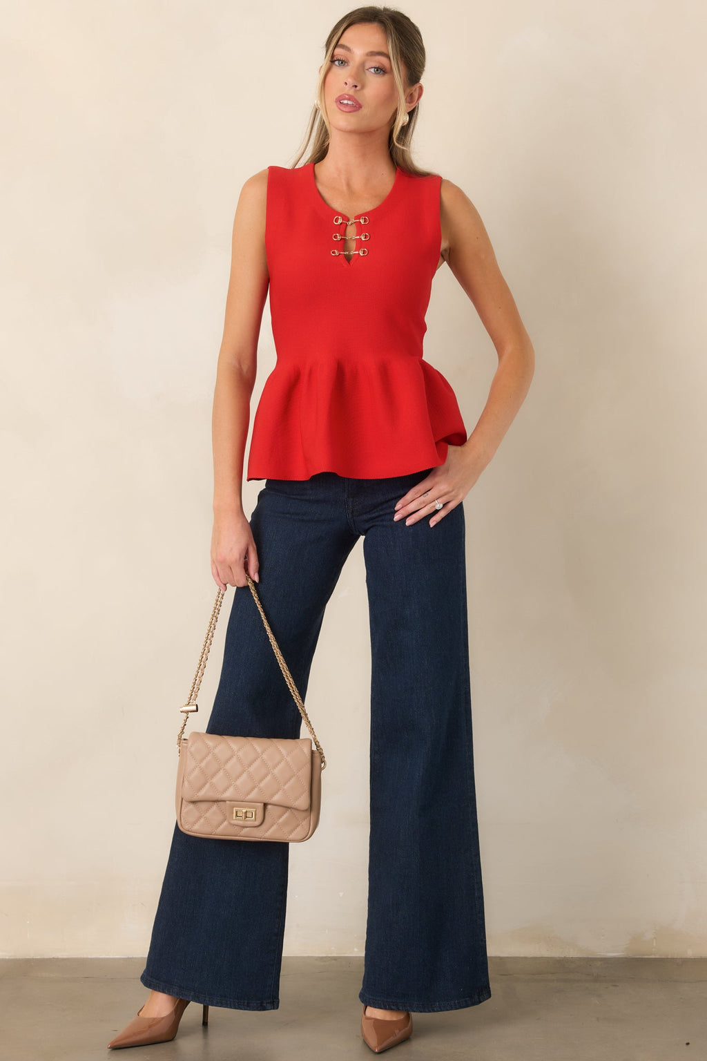 Keep Me Linked In Red Knit Peplum Top