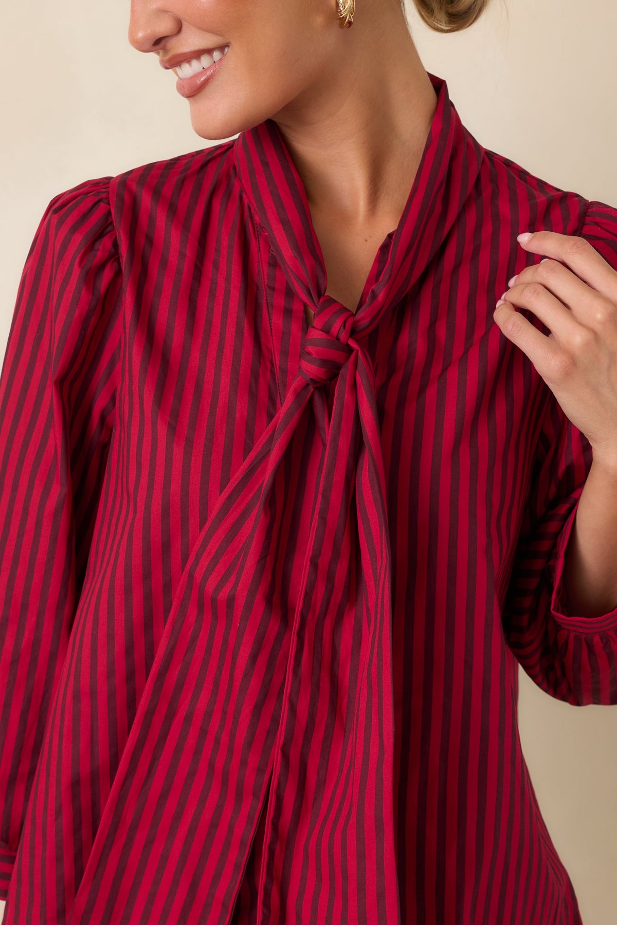 Read Between the Lines Red & Brown Stripe Tie Neck Blouse