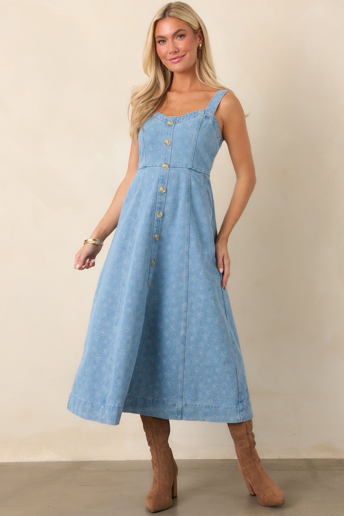 Dreaming in Blue Light Wash Denim Floral Midi Dress