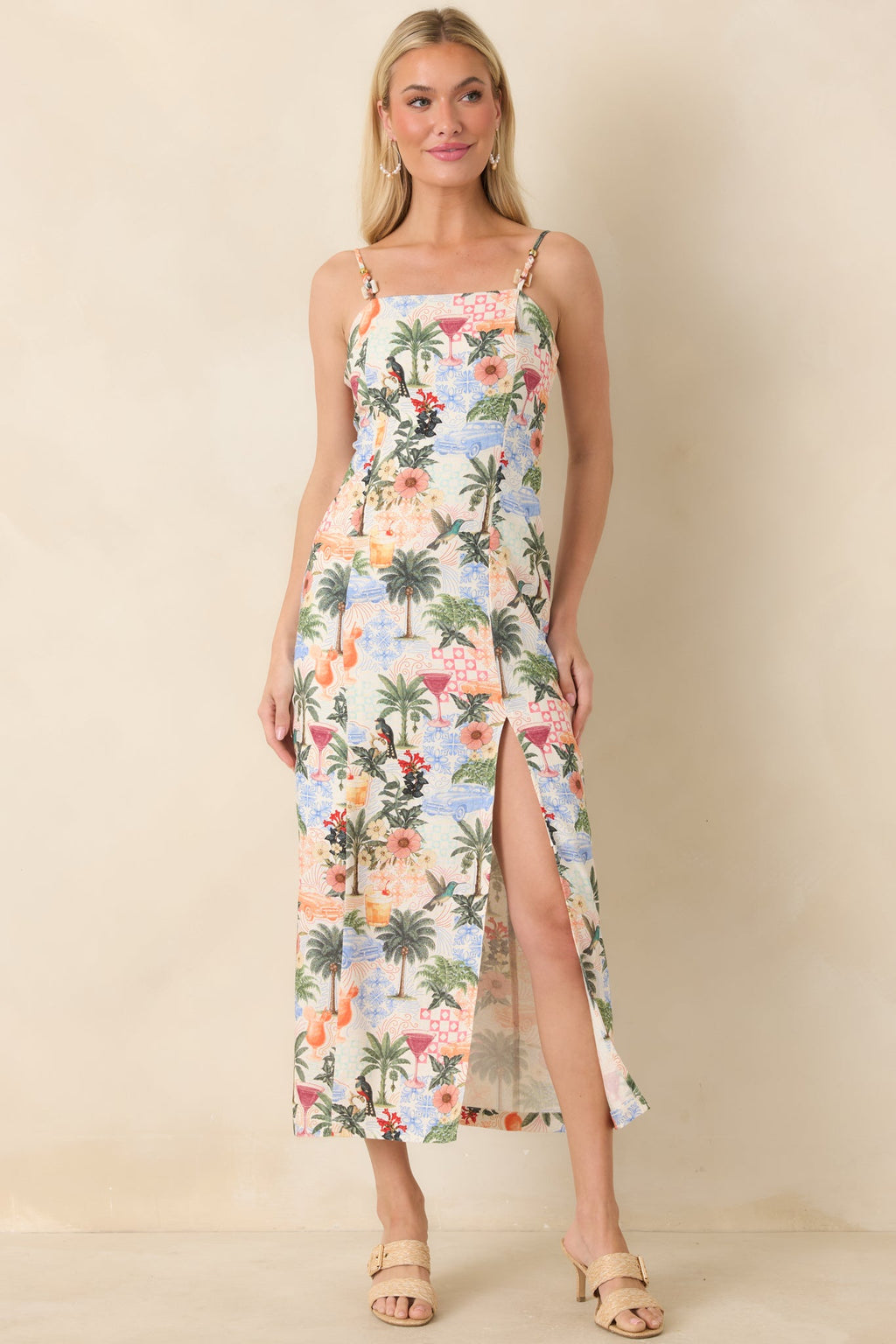 Sipping Under the Palms Multi Tropical Print Bead Detail Midi Dress