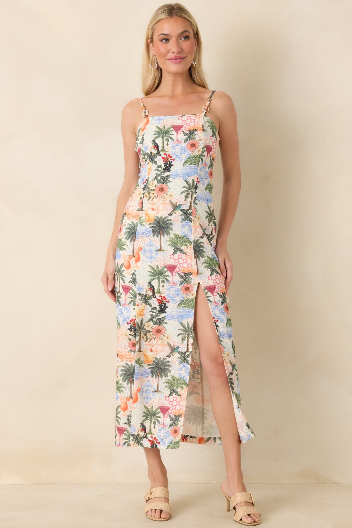 Sipping Under the Palms Multi Tropical Print Bead Detail Midi Dress