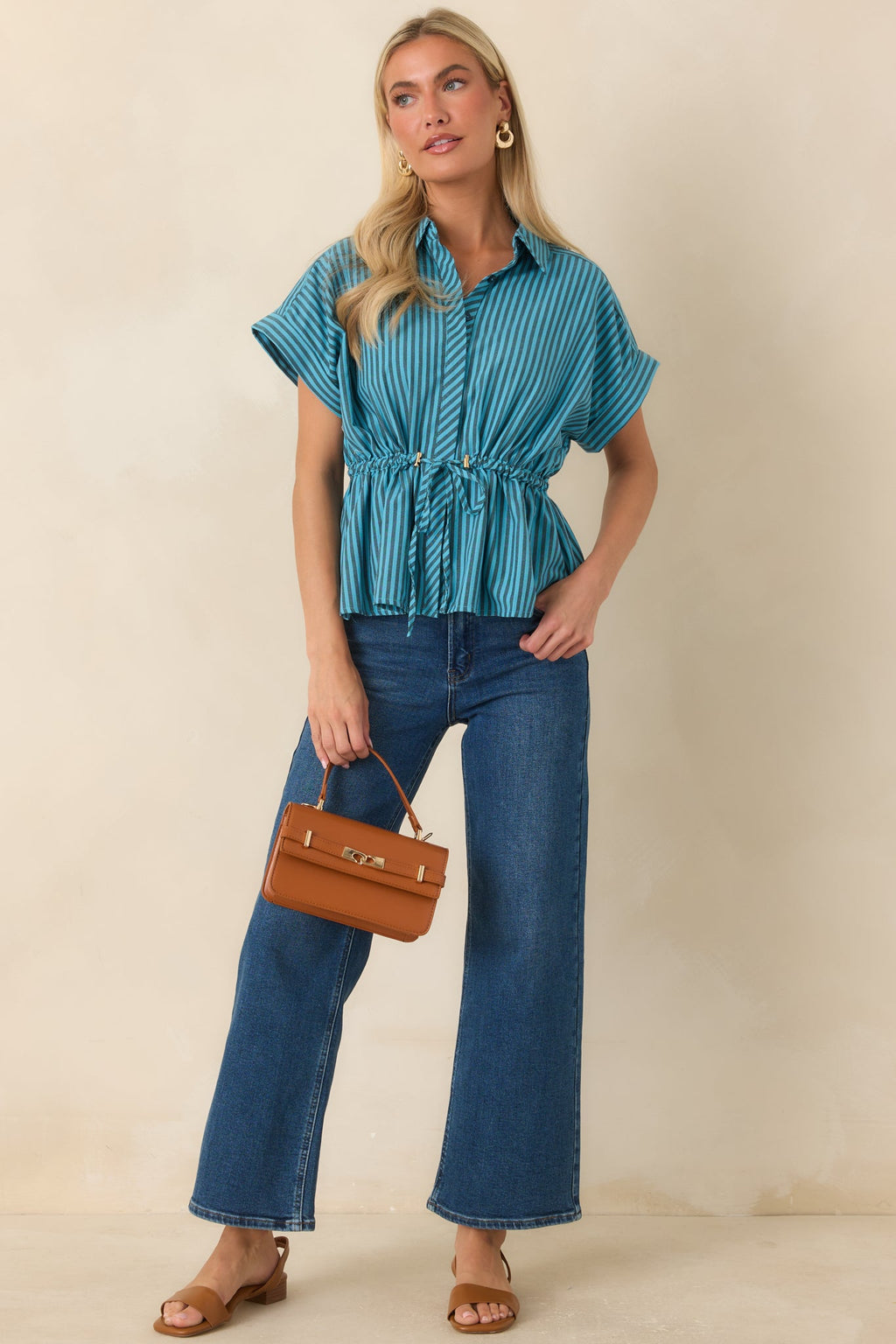 Drawing Attention Turquoise Striped Cinch Waist Top