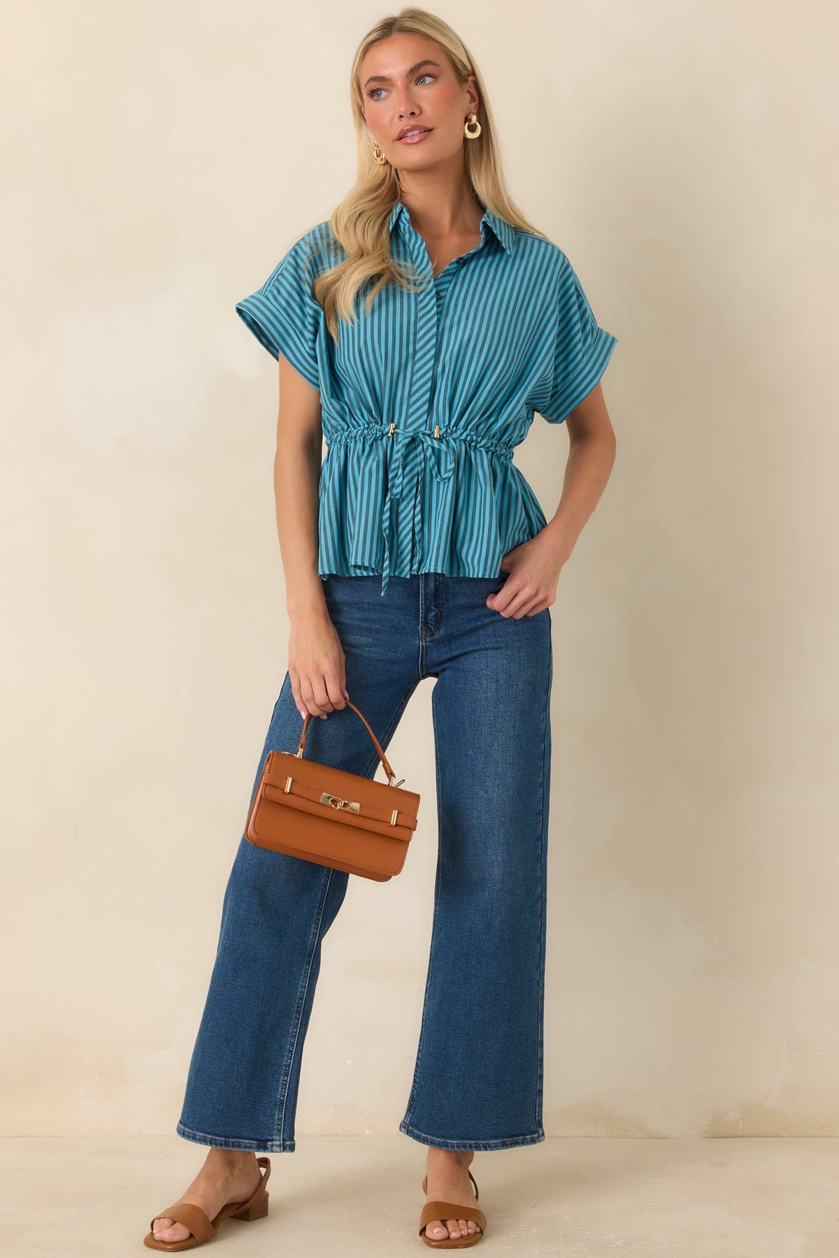 Drawing Attention Turquoise Striped Cinch Waist Top