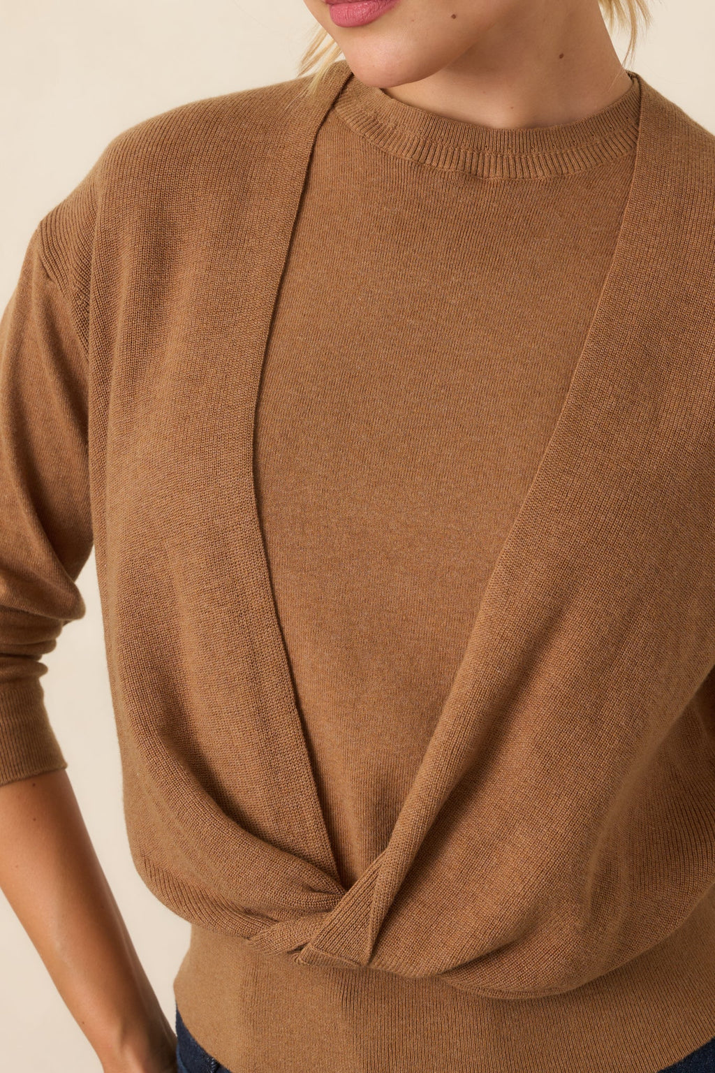 Fine By Me Camel Cotton Cashmere Blend Twist Front Sweater