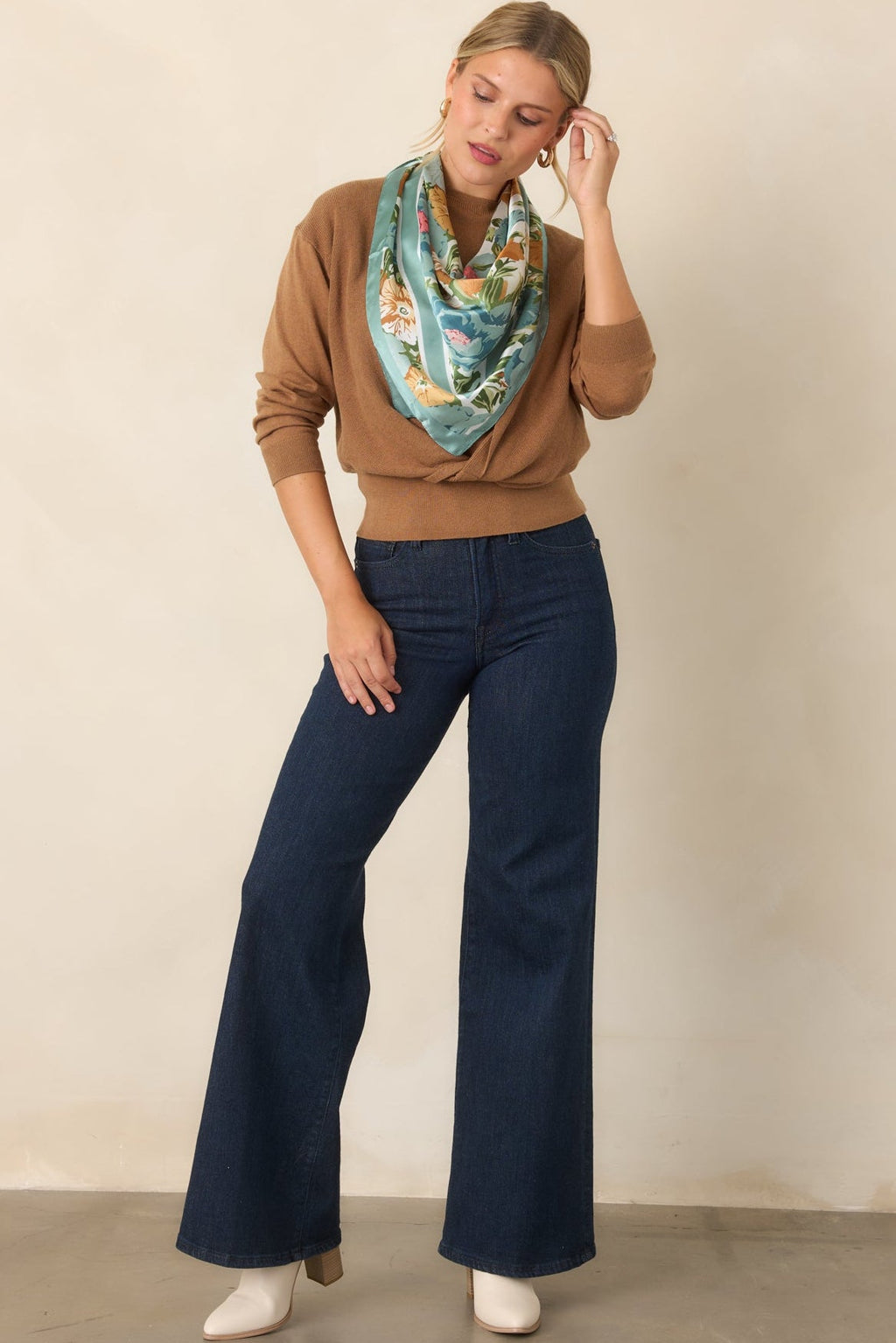 Fine By Me Camel Cotton Cashmere Blend Twist Front Sweater