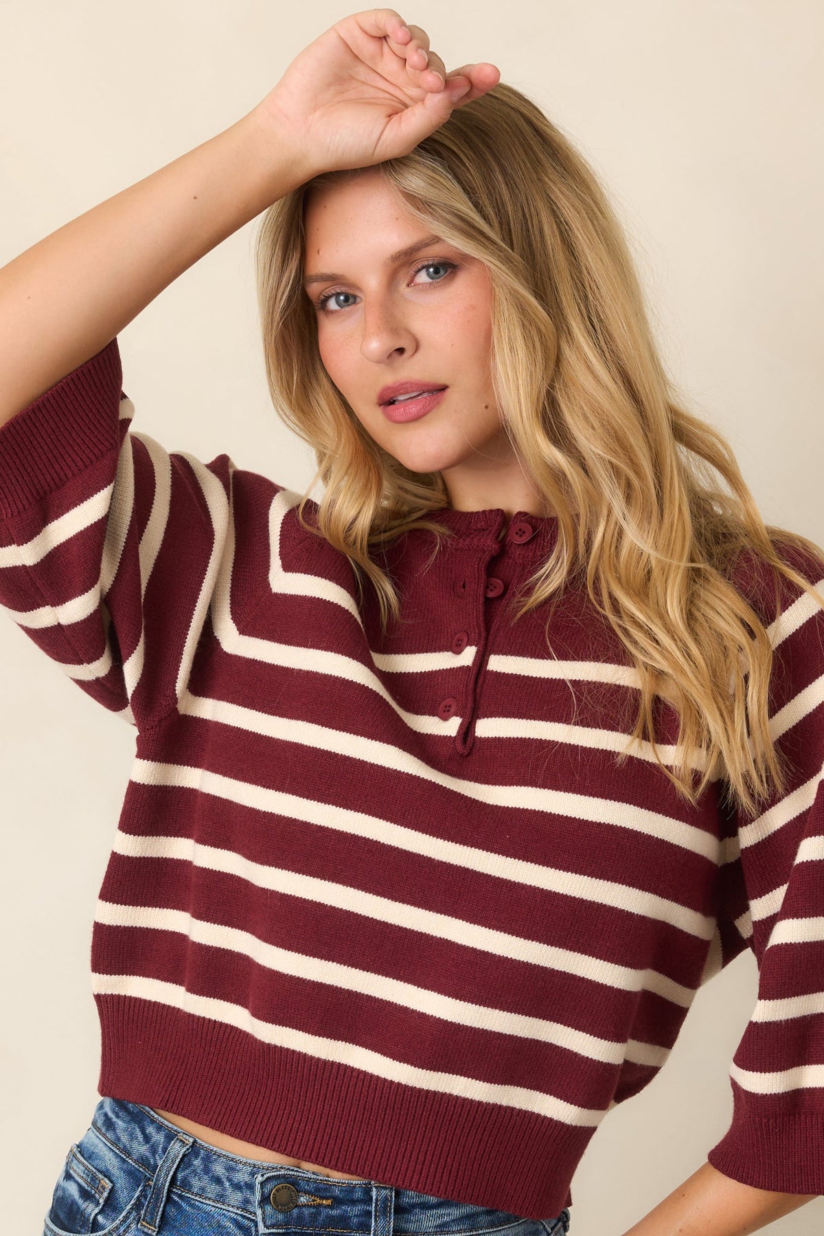 Right in Line Burgundy & Ivory Striped Henley Knit Sweater
